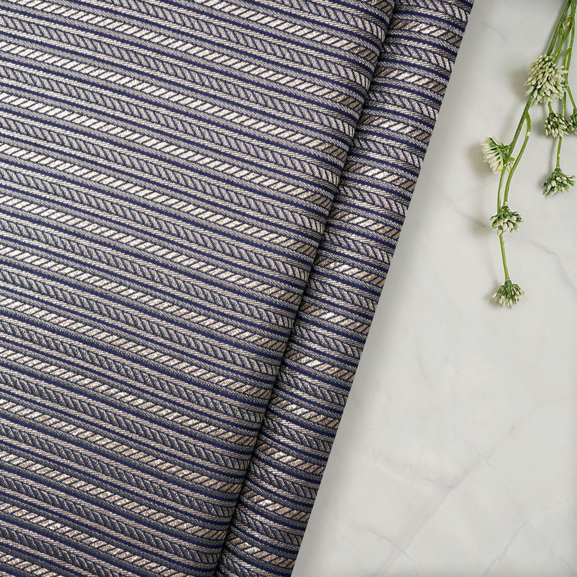 Navy Blue Stripe Pattern Blended Banarasi Brocade Fabric