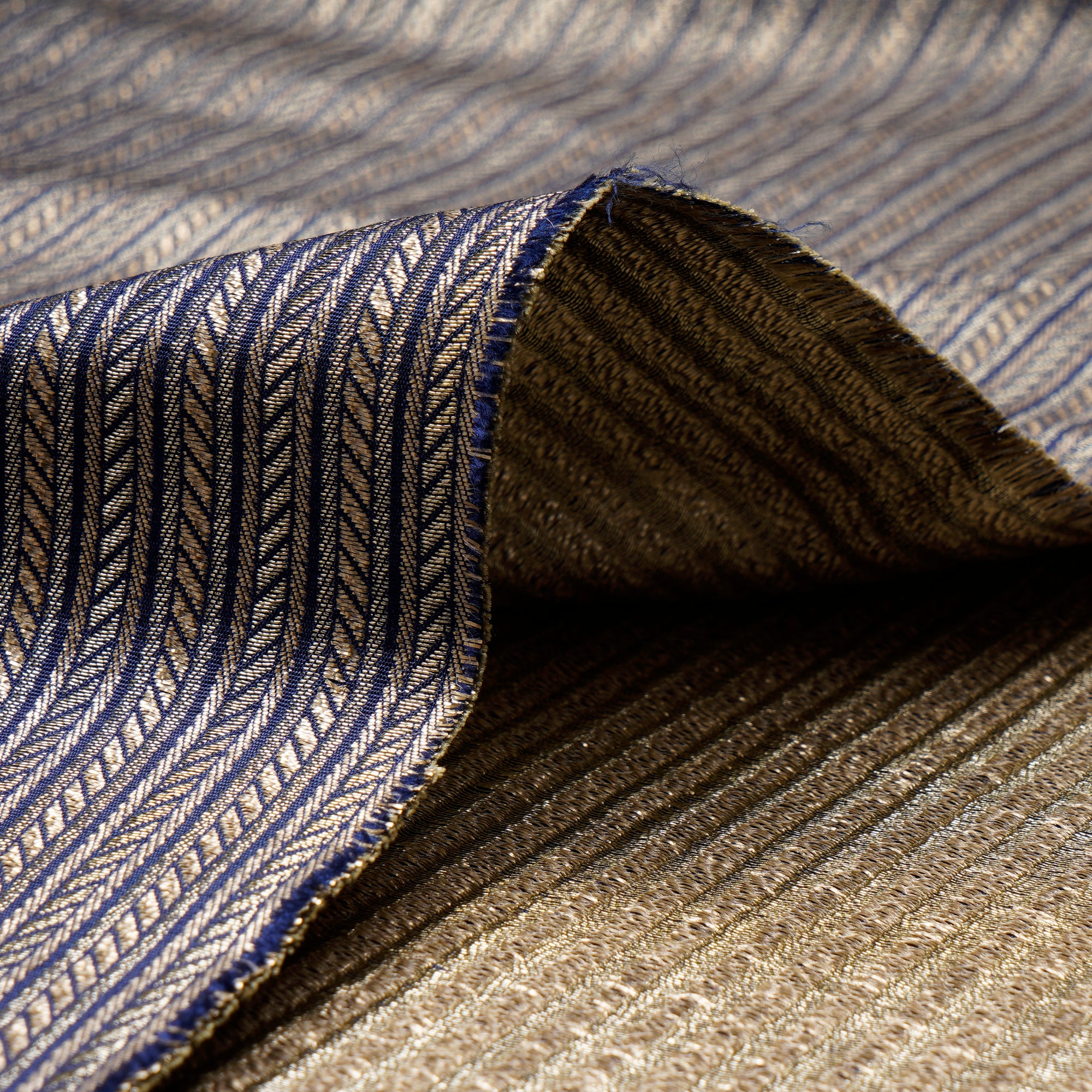Navy Blue Stripe Pattern Blended Banarasi Brocade Fabric