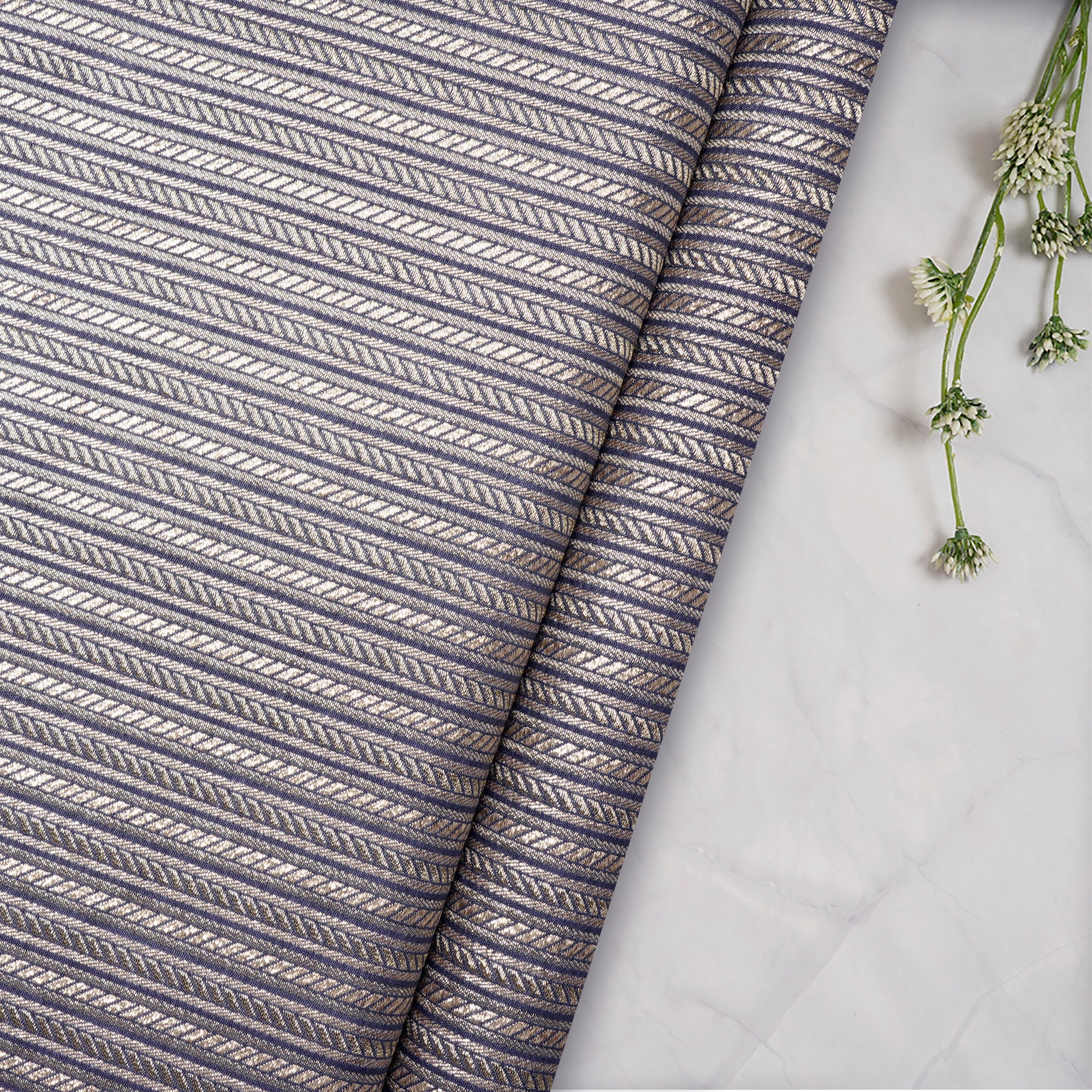 Purple Impression Stripe Pattern Blended Banarasi Brocade Fabric