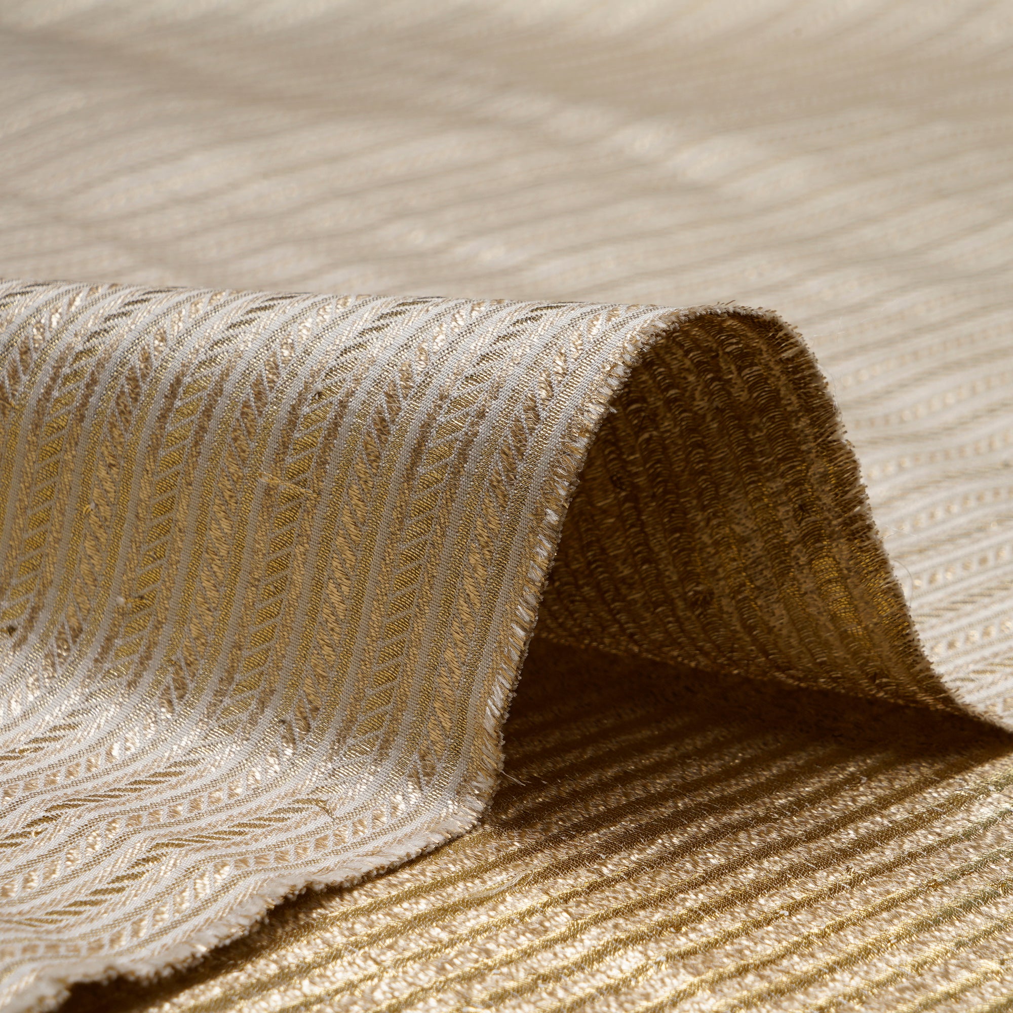 Off White-Gold Stripe Pattern Blended Banarasi Brocade Fabric