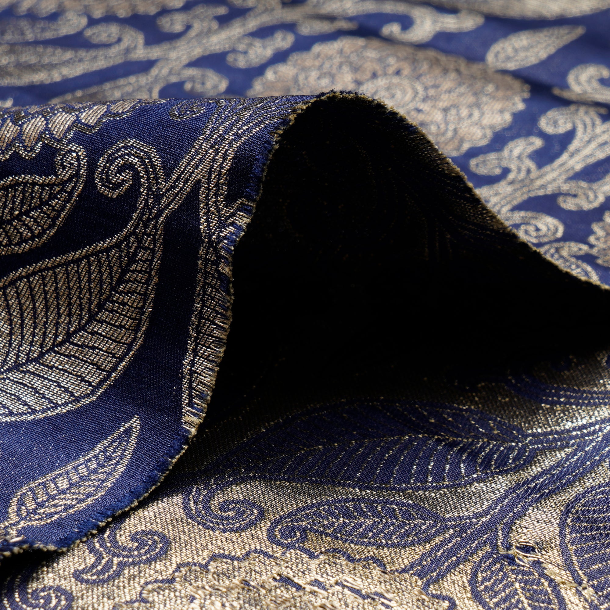 Dark Blue All Over Floral Pattern Blended Banarasi Brocade Fabric