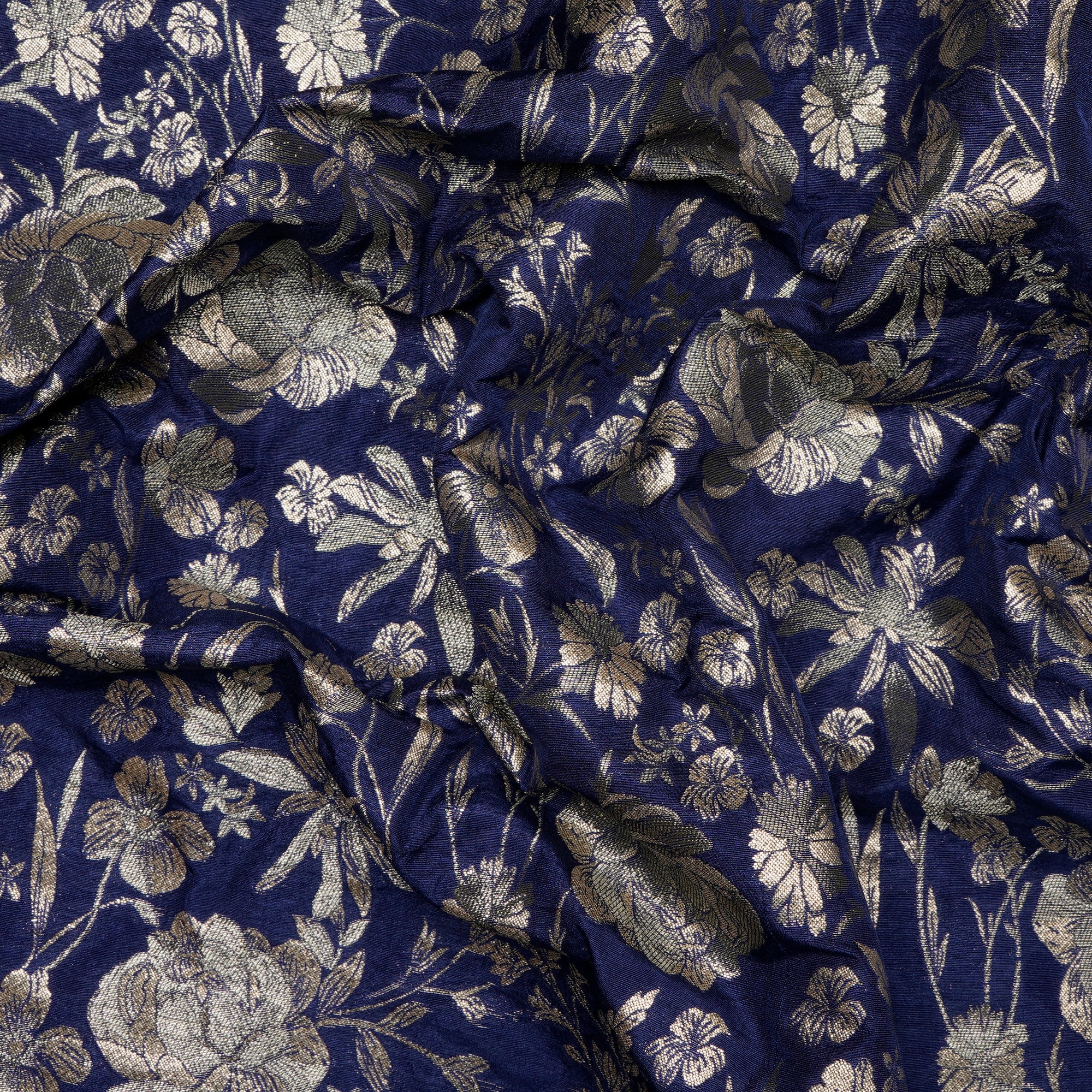 Navy Blue All Over Floral Pattern Blended Banarasi Brocade Fabric