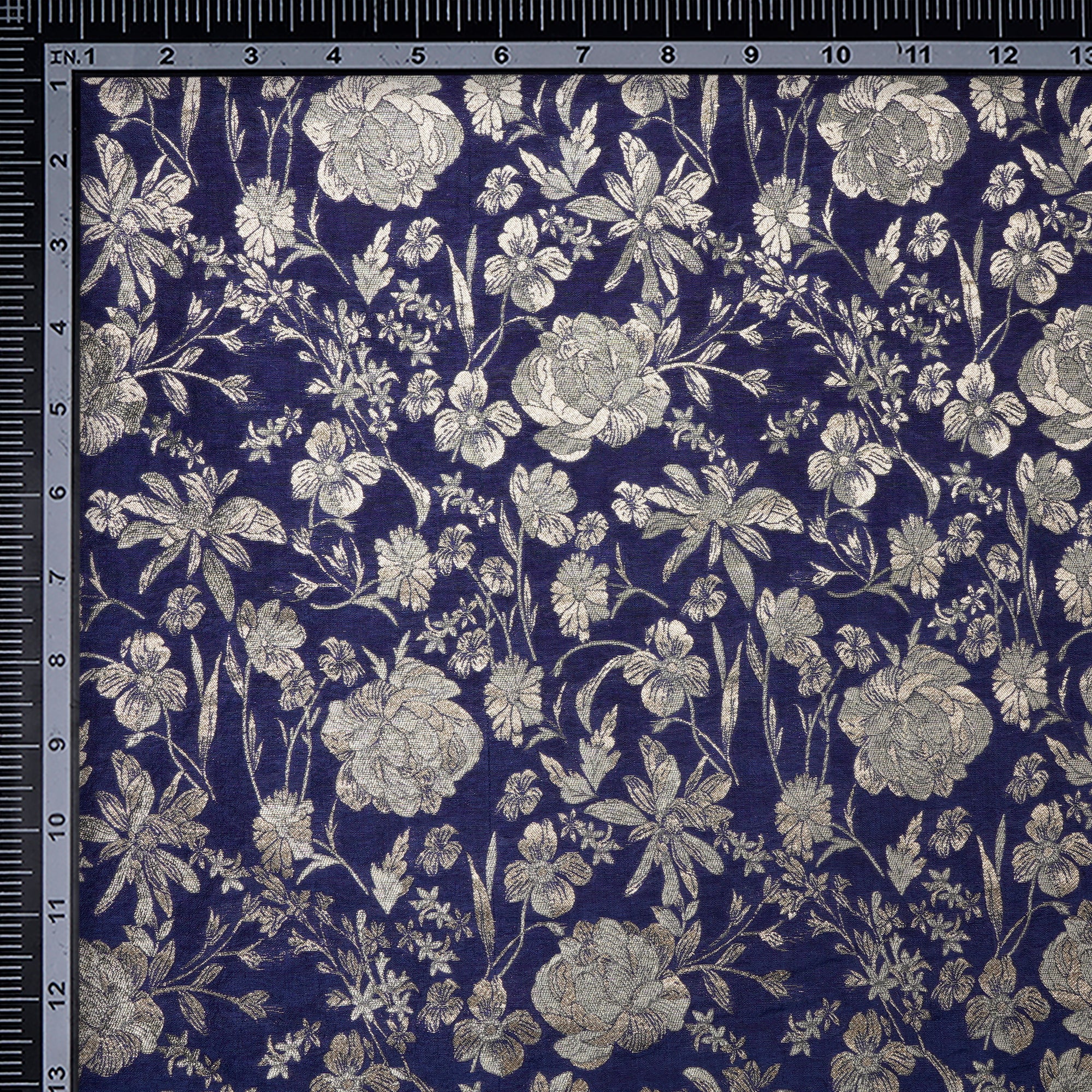 Navy Blue All Over Floral Pattern Blended Banarasi Brocade Fabric