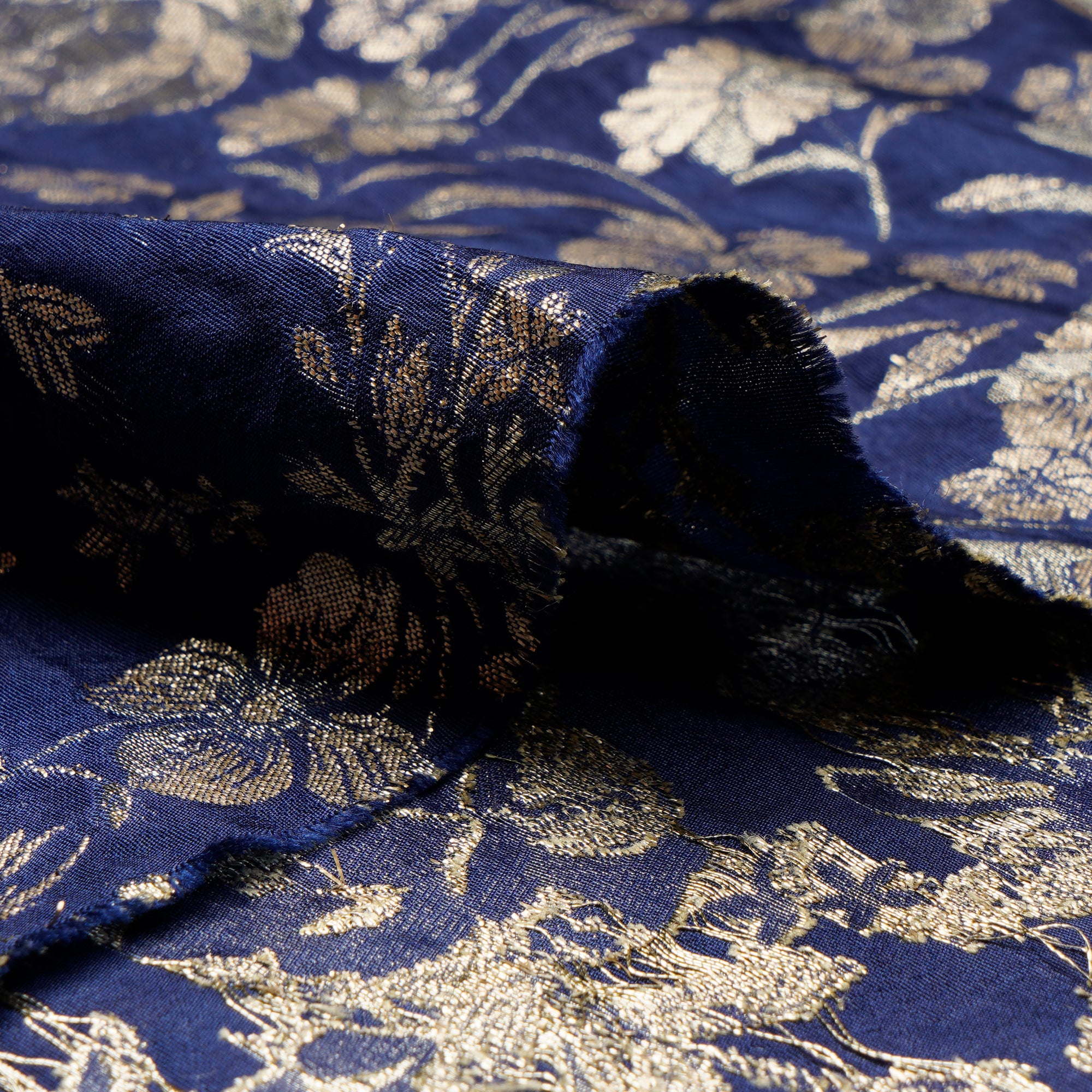 Navy Blue All Over Floral Pattern Blended Banarasi Brocade Fabric