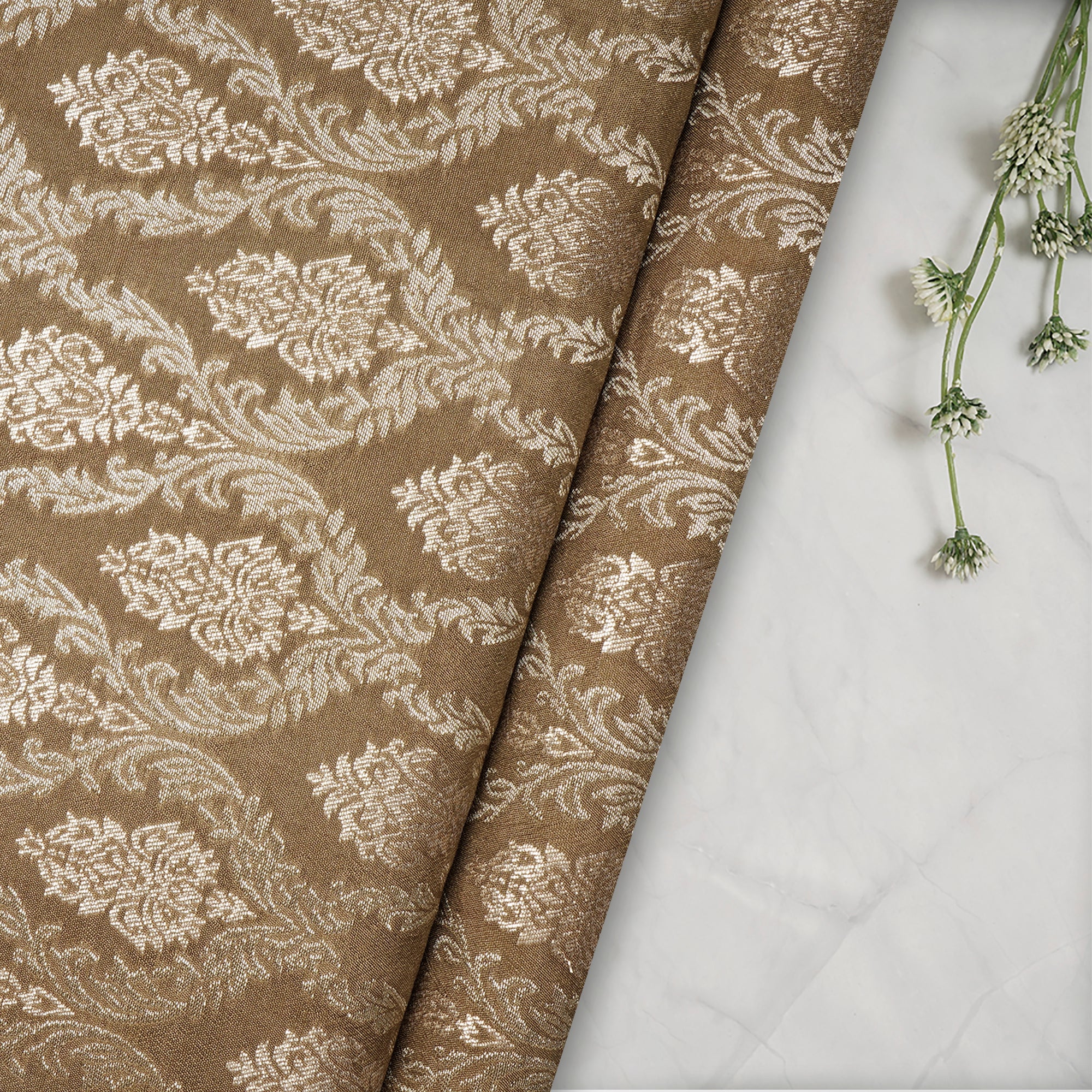 Olivenite All Over Floral Pattern Blended Banarasi Brocade Fabric