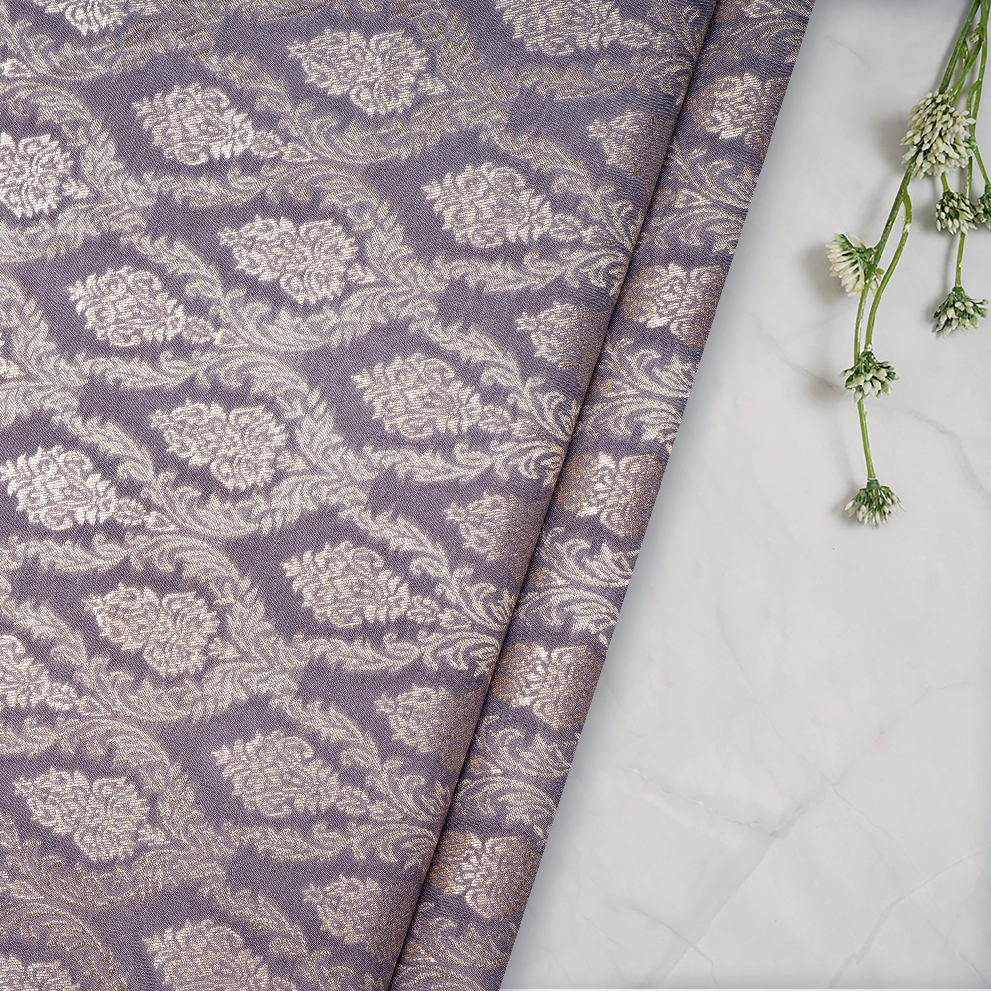 Purple Dove All Over Floral Pattern Blended Banarasi Brocade Fabric