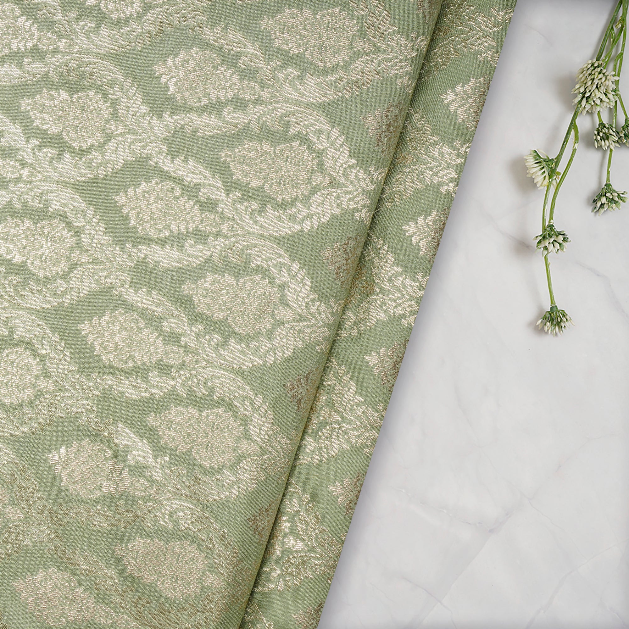 Pastel Green All Over Floral Pattern Blended Banarasi Brocade Fabric