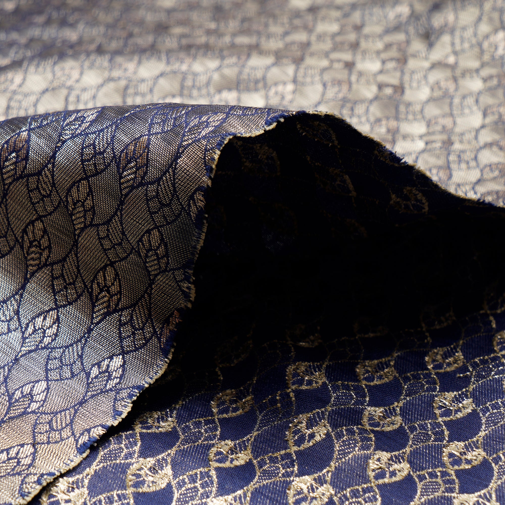 Navy Blue All Over Pattern Blended Banarasi Brocade Fabric