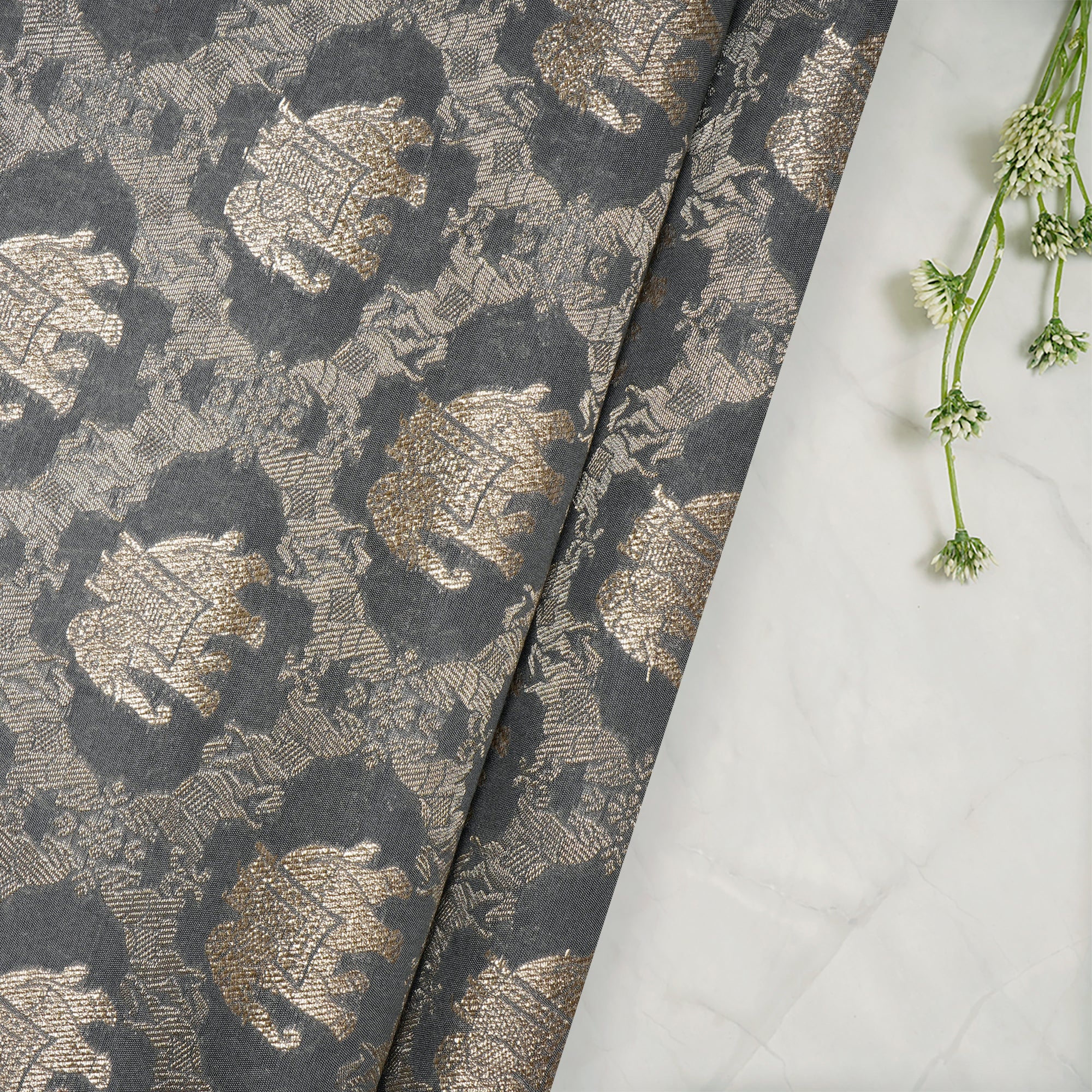 Grey Traditional Pattern Blended Banarasi Brocade Fabric