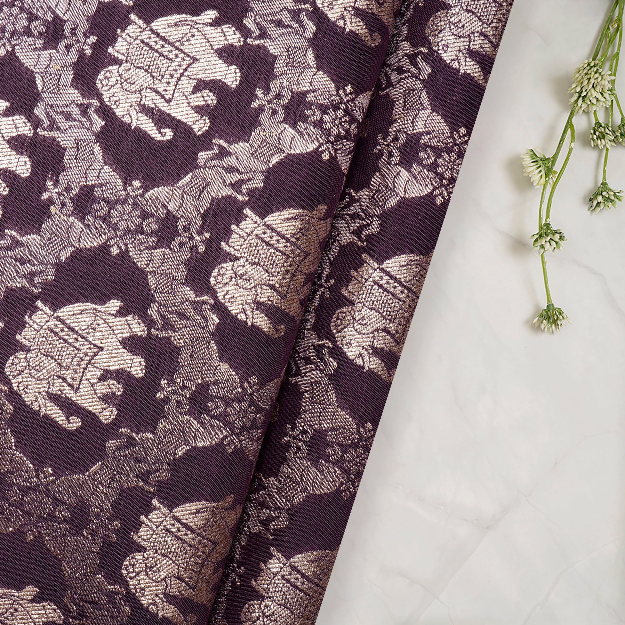 Deep Purple Traditional Pattern Blended Banarasi Brocade Fabric