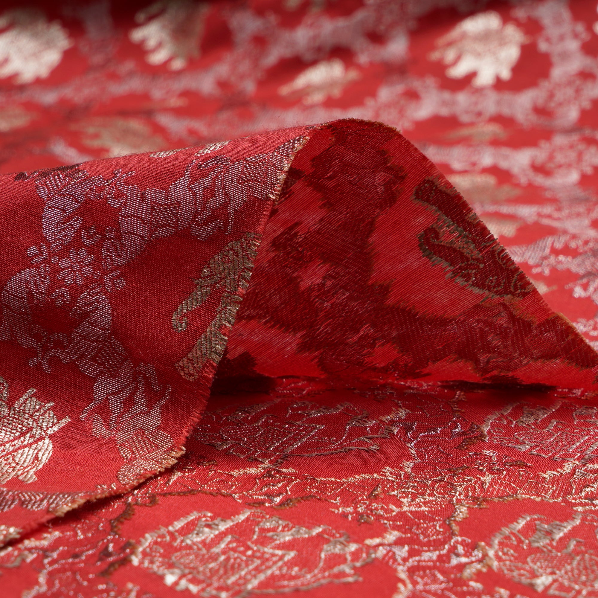 Red Traditional Pattern Blended Banarasi Brocade Fabric