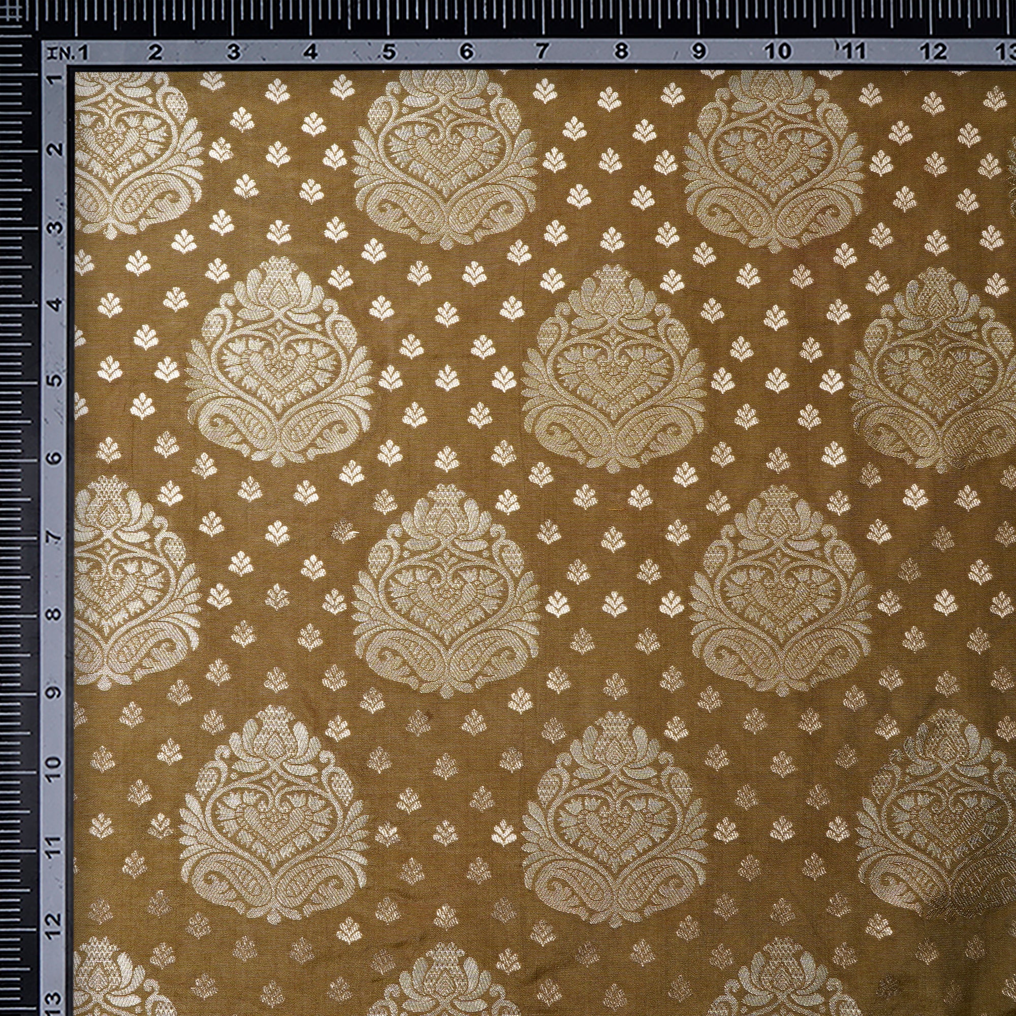 Ecru Olive Floral Booti Pattern Blended Banarasi Brocade Fabric