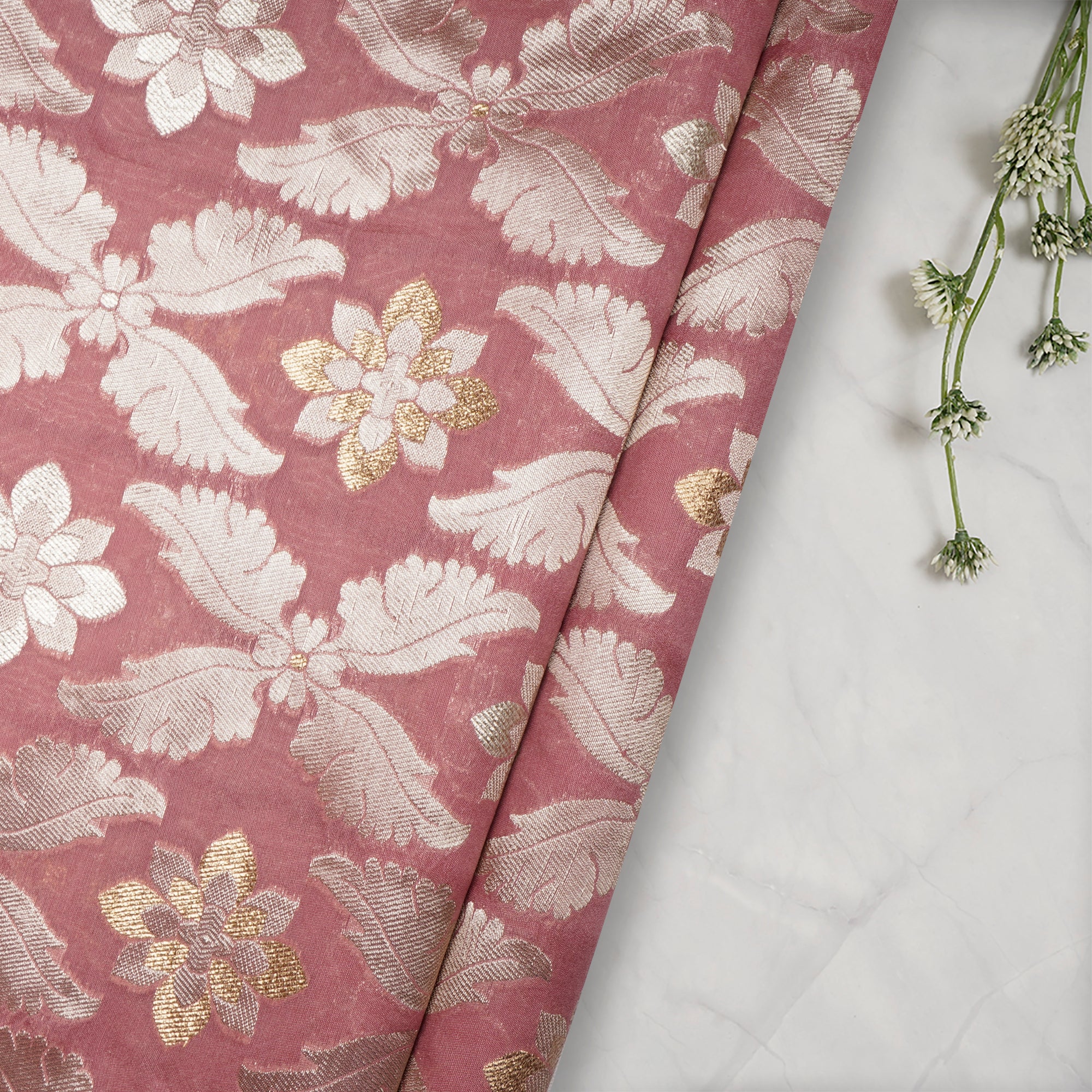 Desert Rose All Over Floral Pattern Blended Banarasi Brocade Fabric