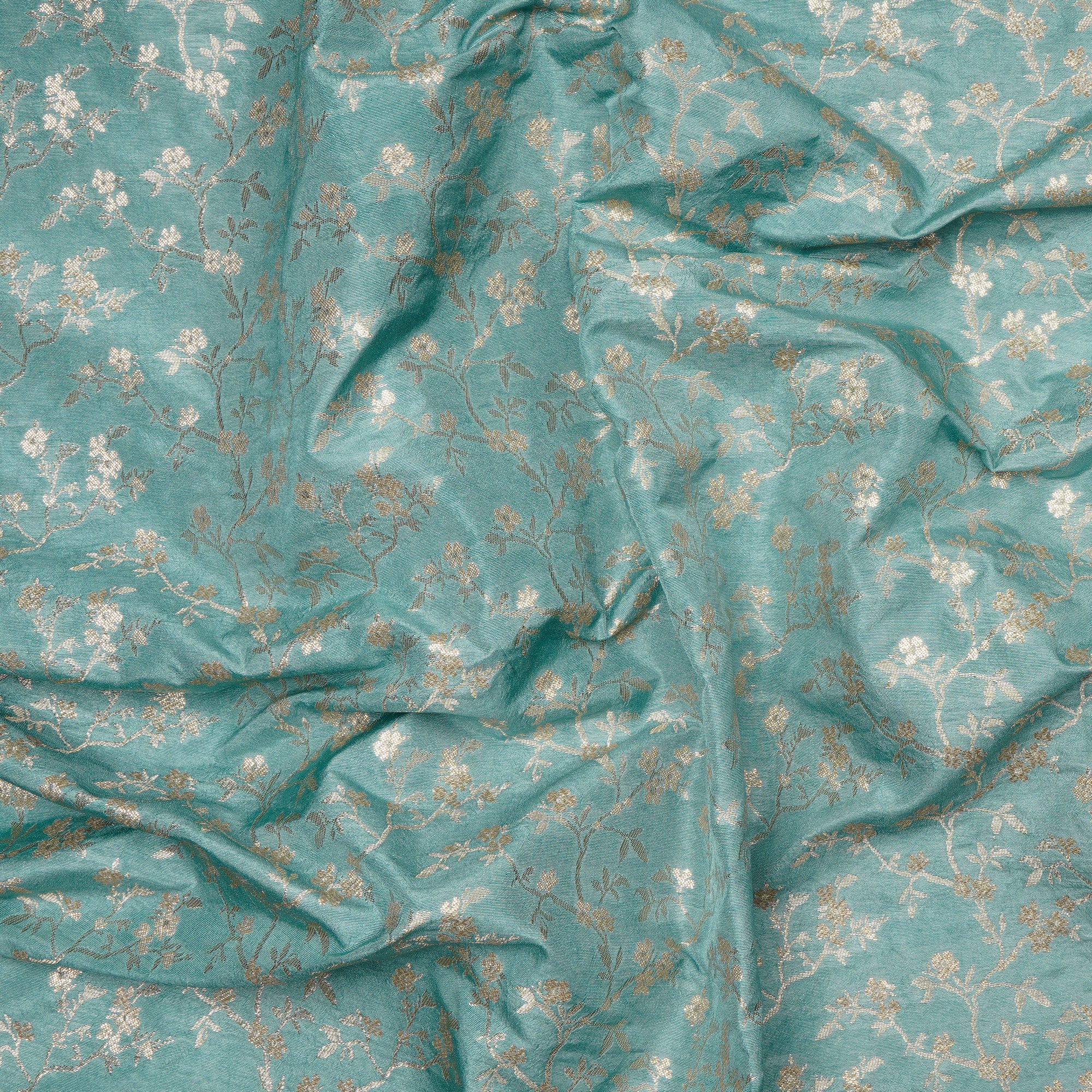 Pool Blue All Over Floral Pattern Handwoven Blended Banarasi Brocade Fabric