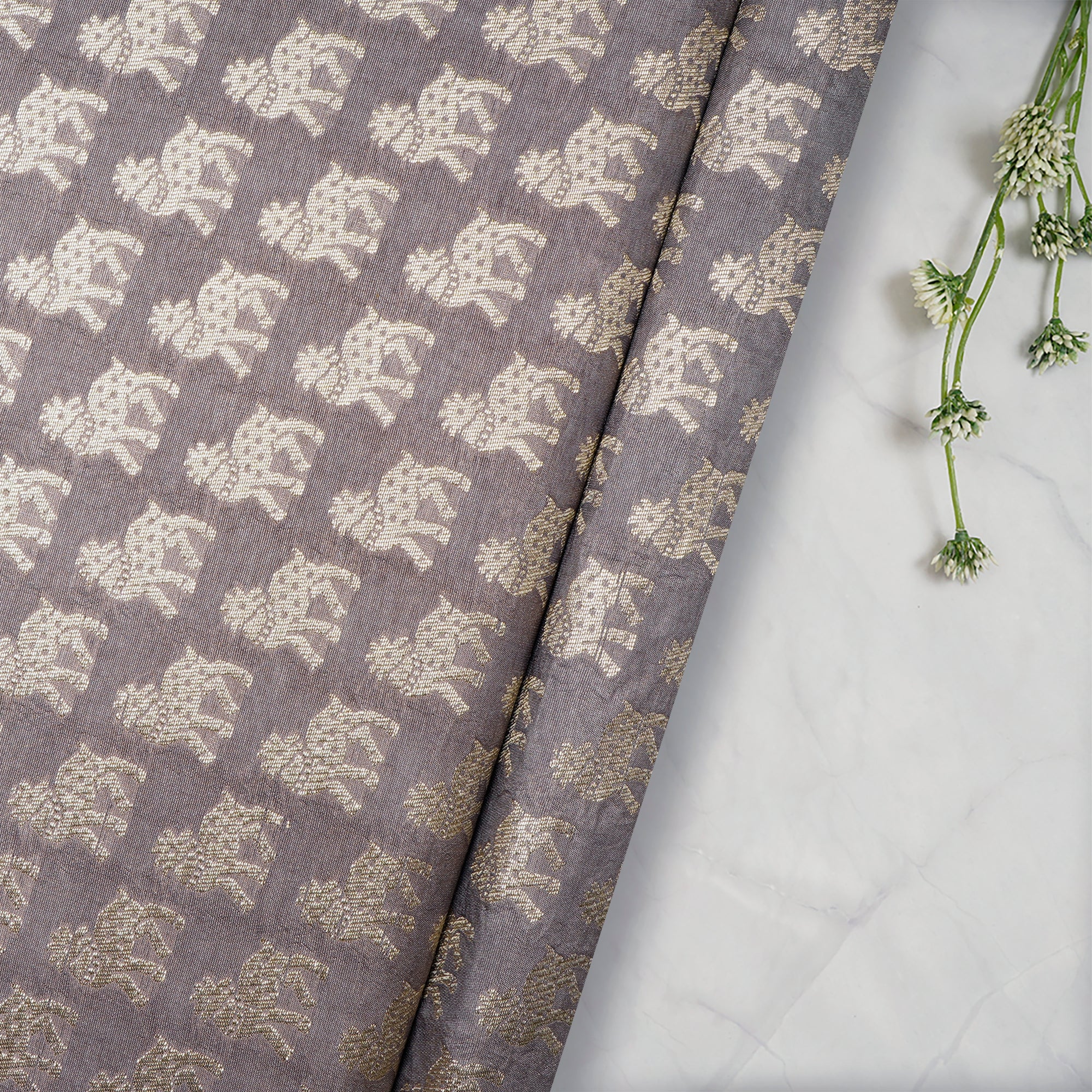 Pastel Light Purple Animal Pattern Handwoven Brocade Mix Silk Nylon Fabric