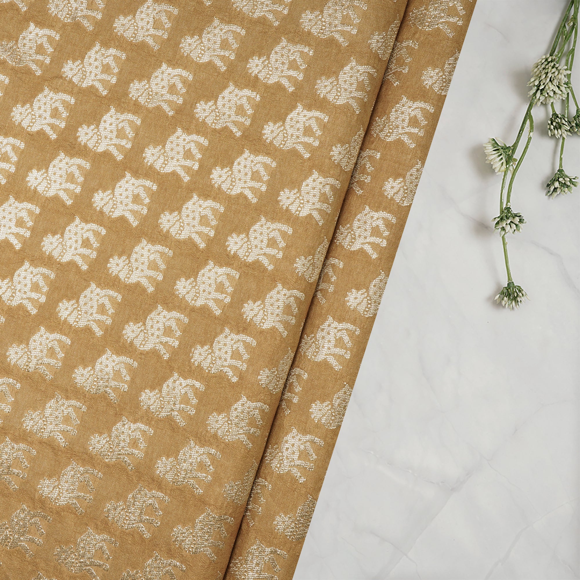 Mustard Animal Pattern Blended Banarasi Brocade Fabric
