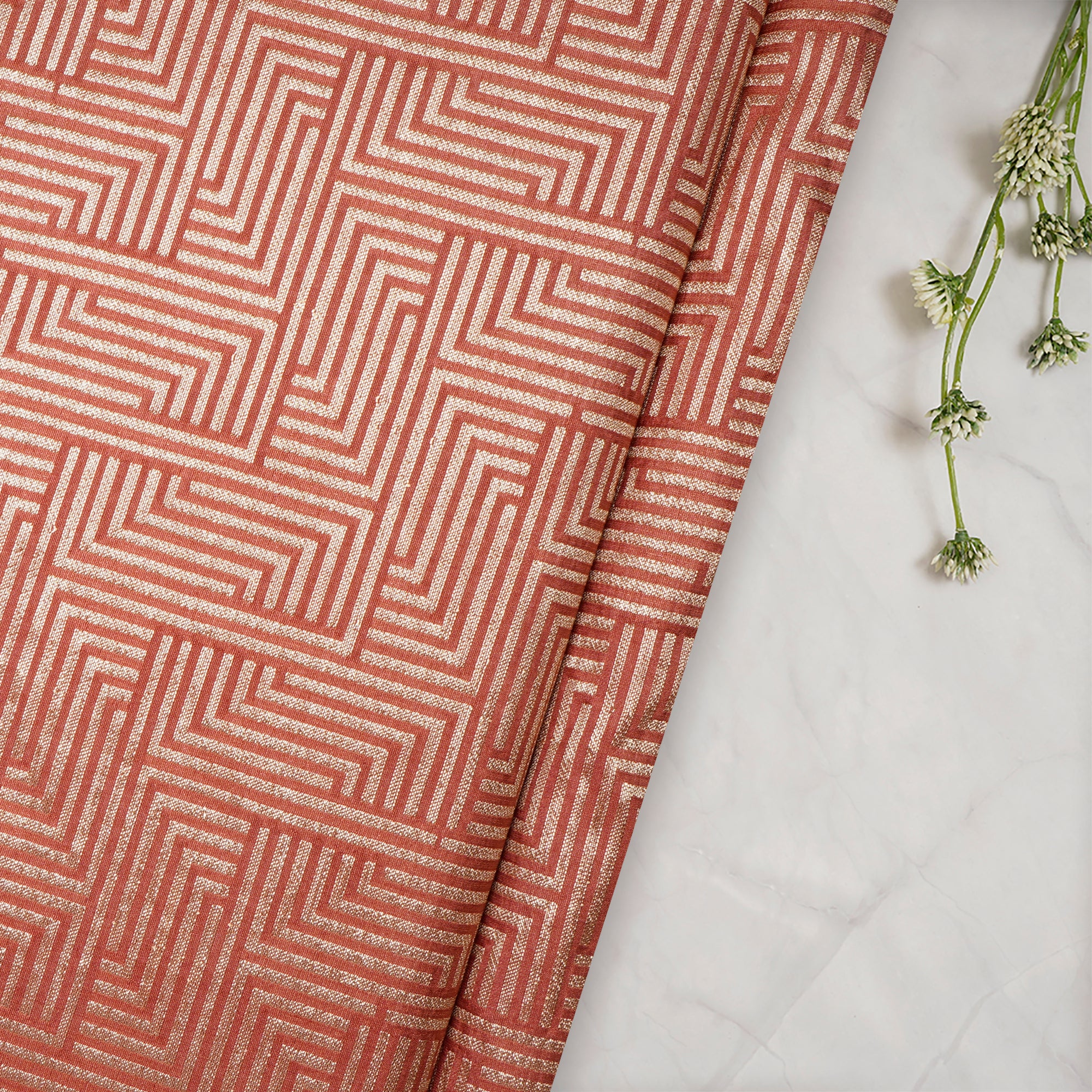 Brick Red Geometric Pattern Blended Banarasi Brocade Fabric