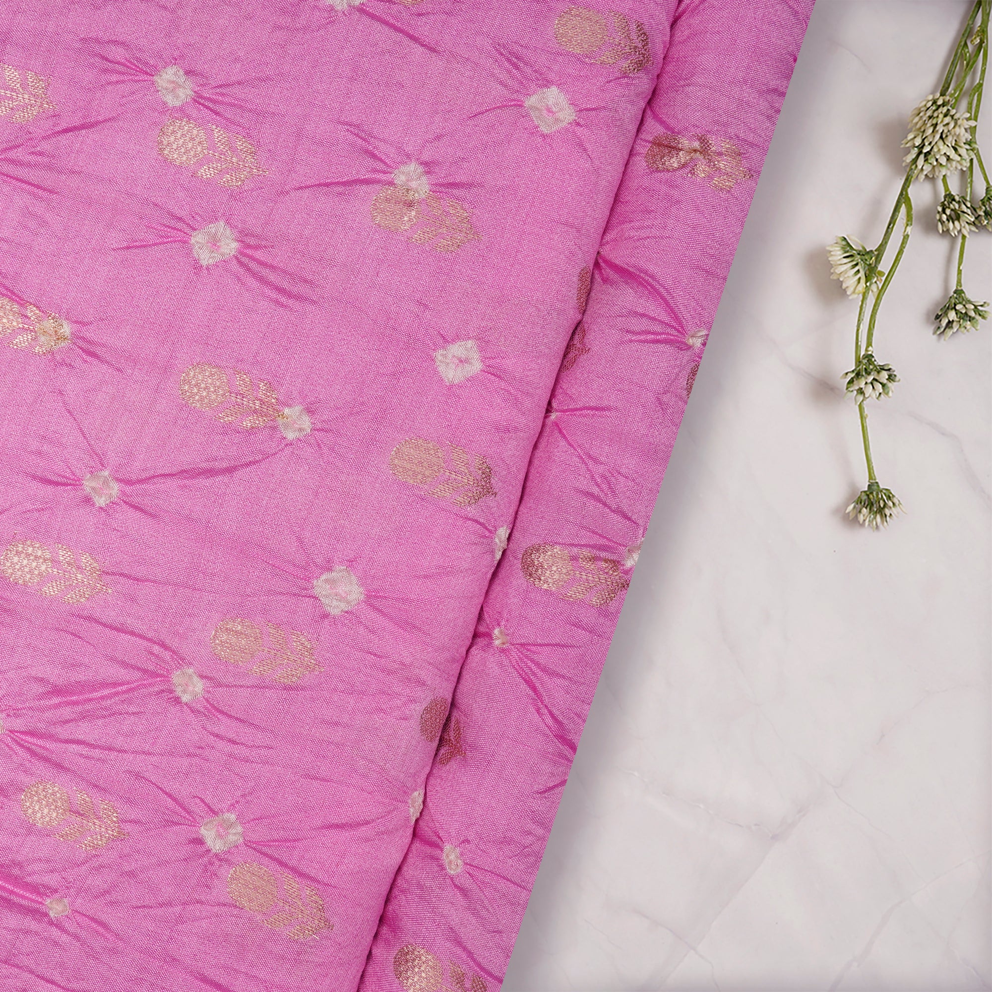 Baby Pink Natural Dye Bandhni pattern Chiniya Jari Silk Fabric