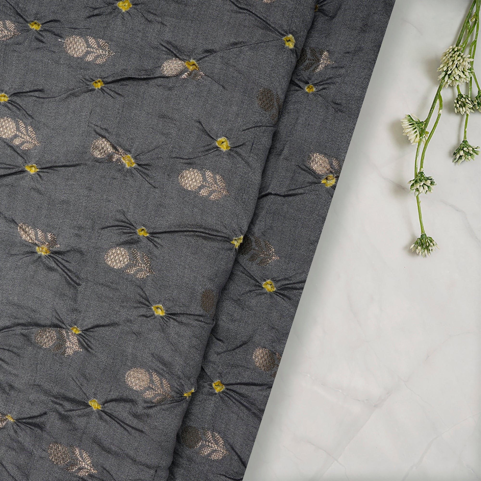 Grey Natural Dye Bandhni pattern Chiniya Jari Silk Fabric