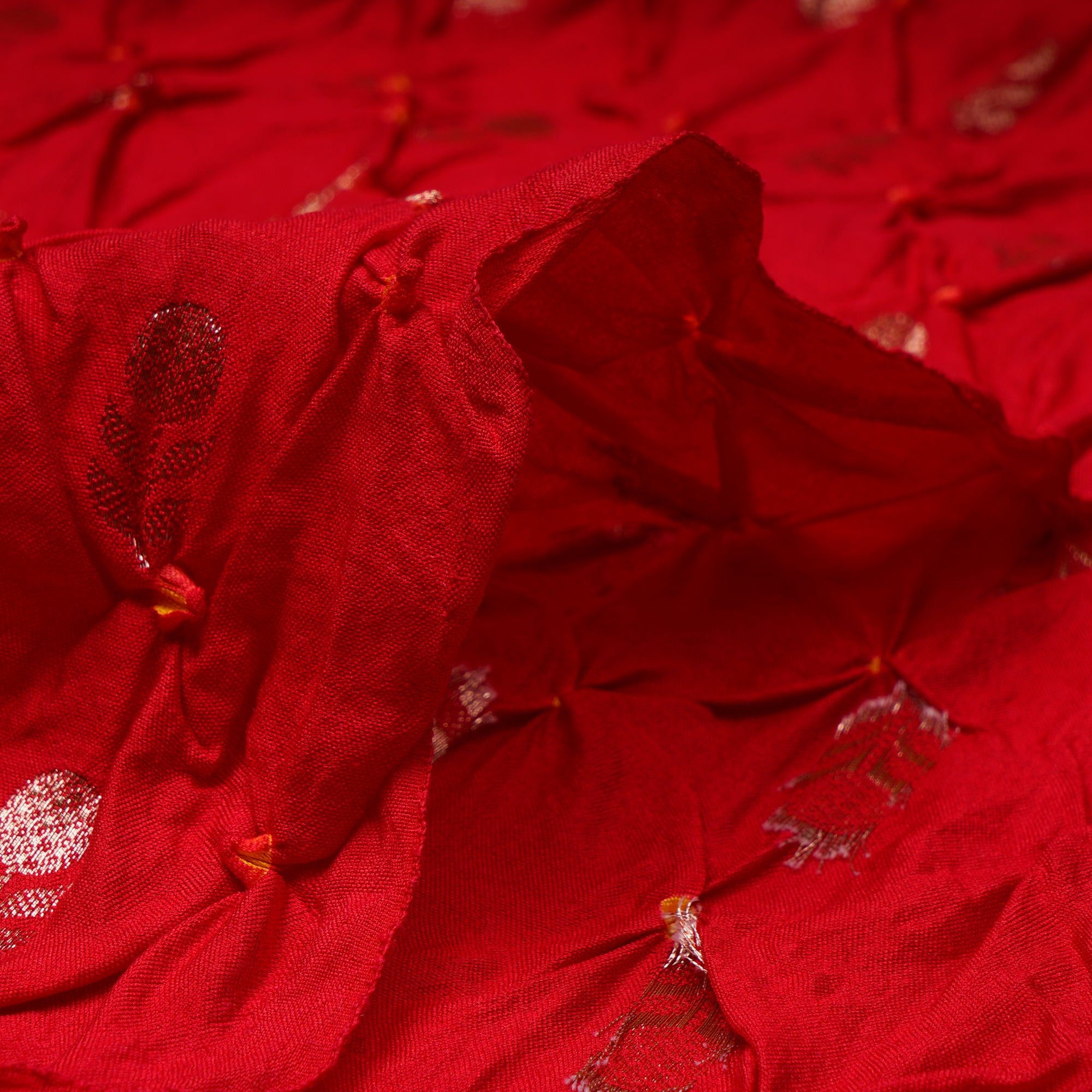 Red Natural Dye Bandhni pattern Chiniya Jari Silk Fabric