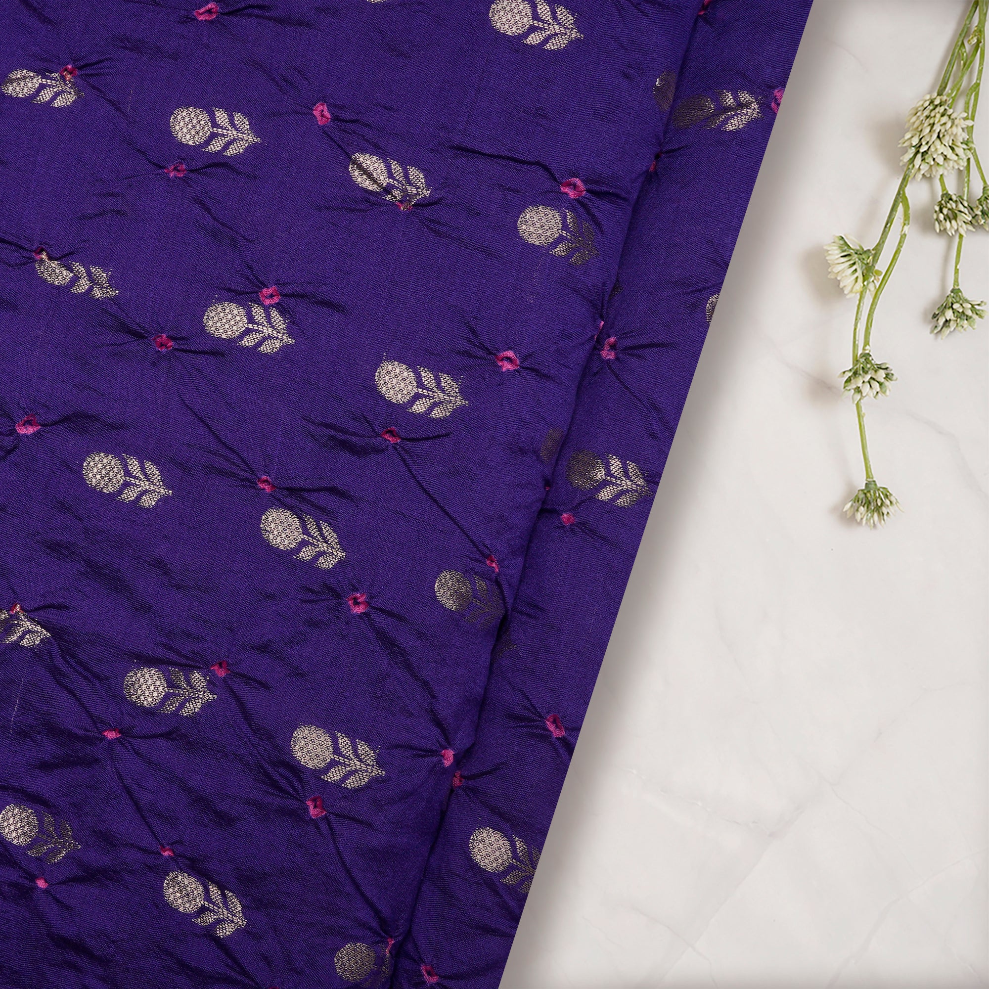 Purple Natural Dye Bandhni pattern Chiniya Jari Silk Fabric