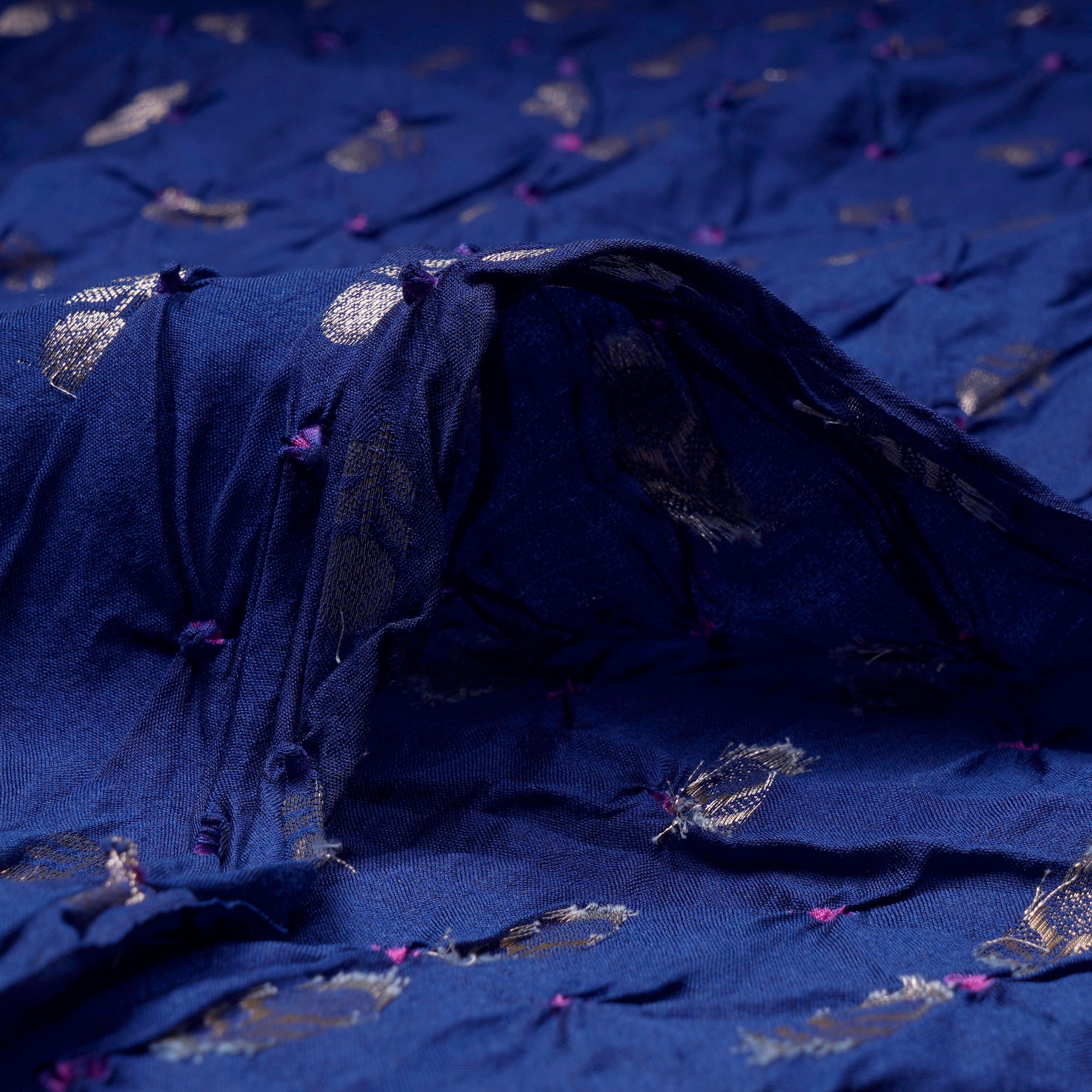 Navy Blue Natural Dye Bandhni pattern Chiniya Jari Silk Fabric