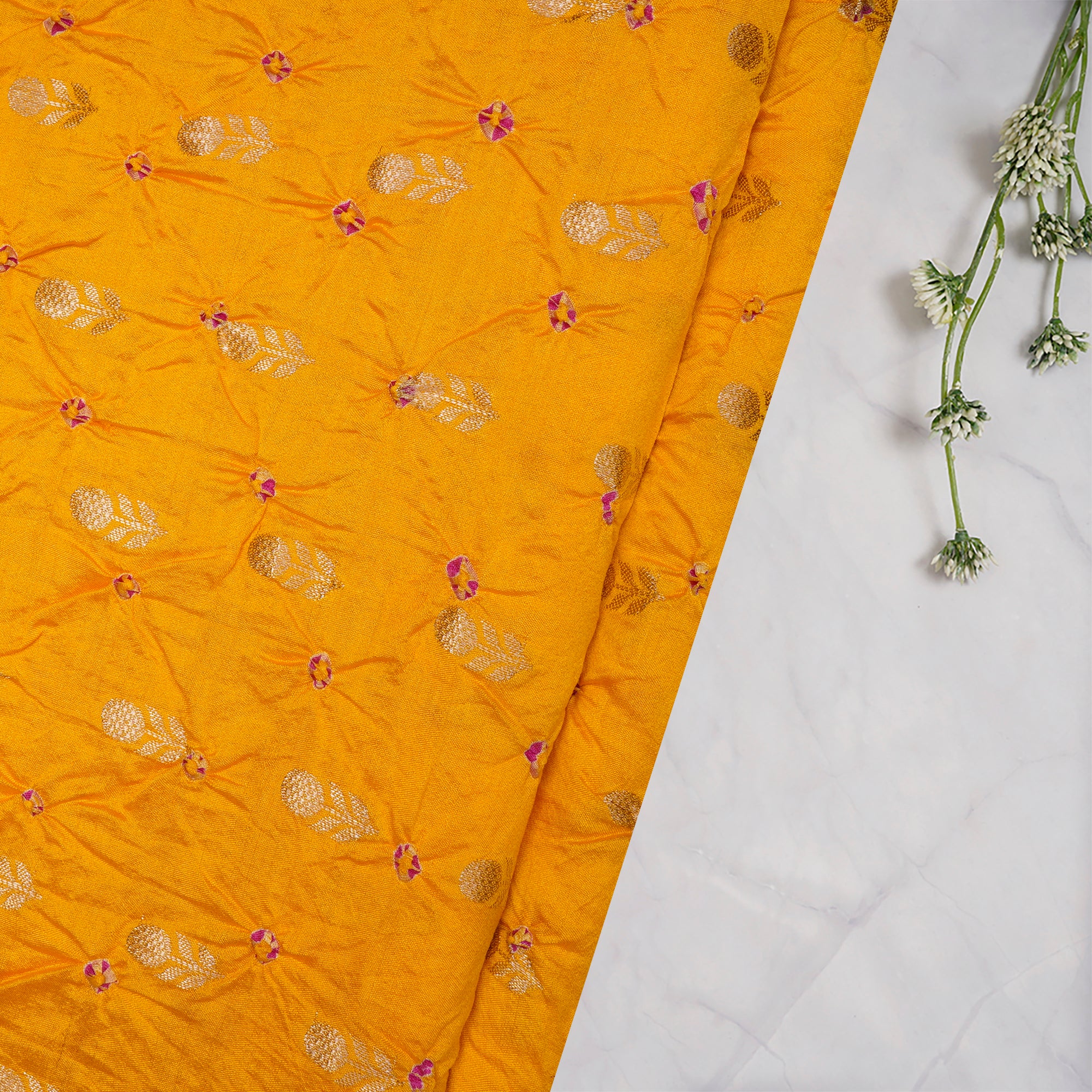 Mustard Natural Dye Bandhni pattern Chiniya Jari Silk Fabric