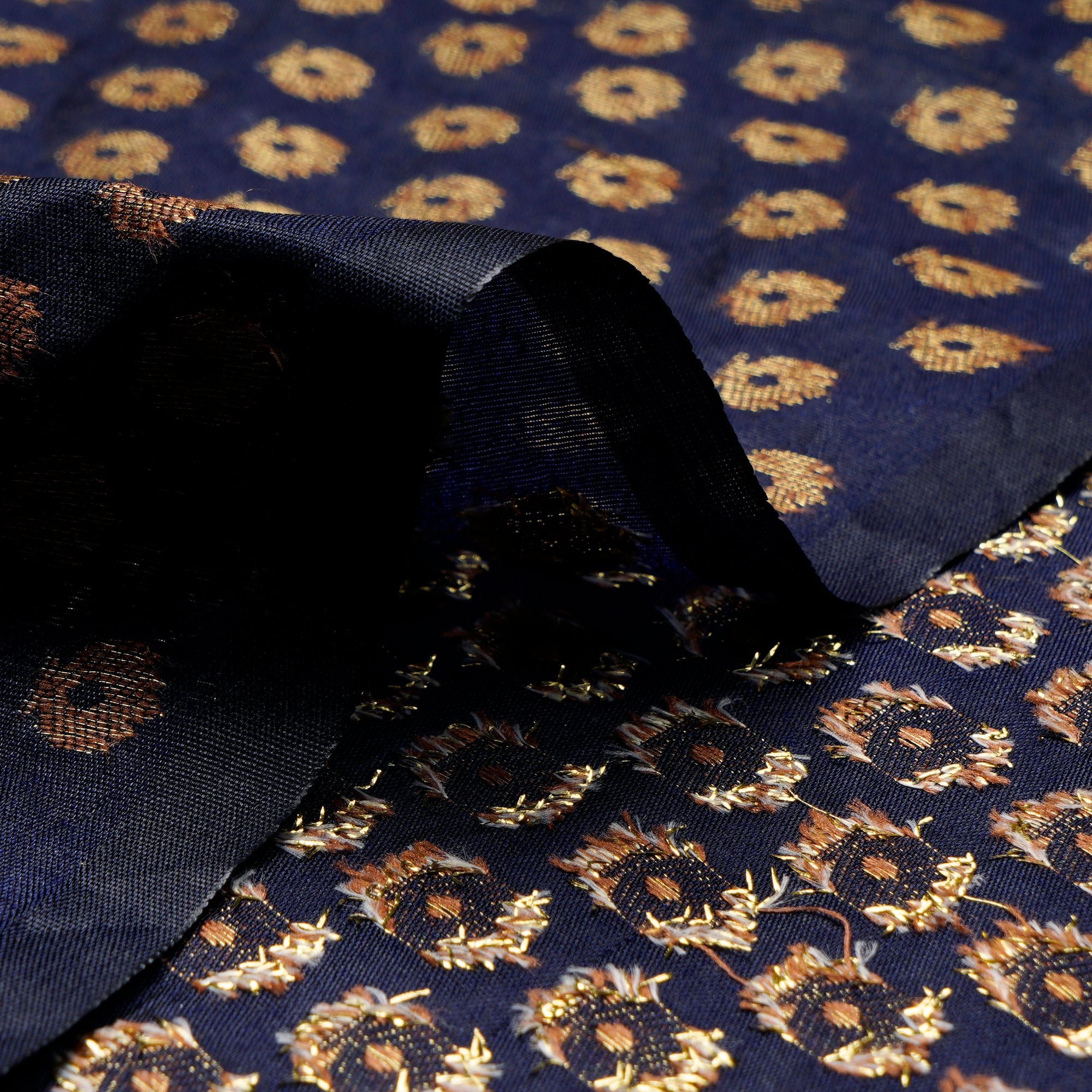 Navy Blue Booti Pattern Blended Banarasi Brocade Fabric