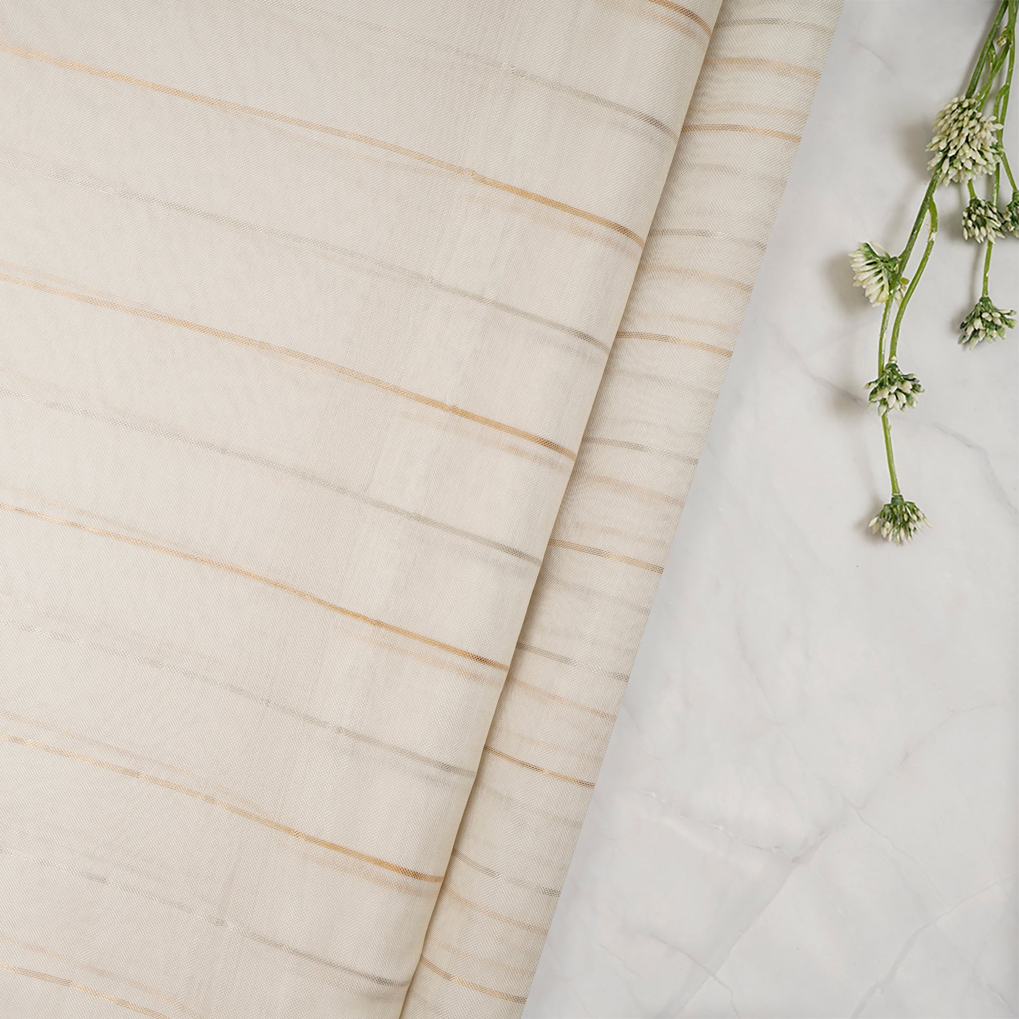 Off-White Stripe Pattern Handwoven Fancy Organza Silk Fabric