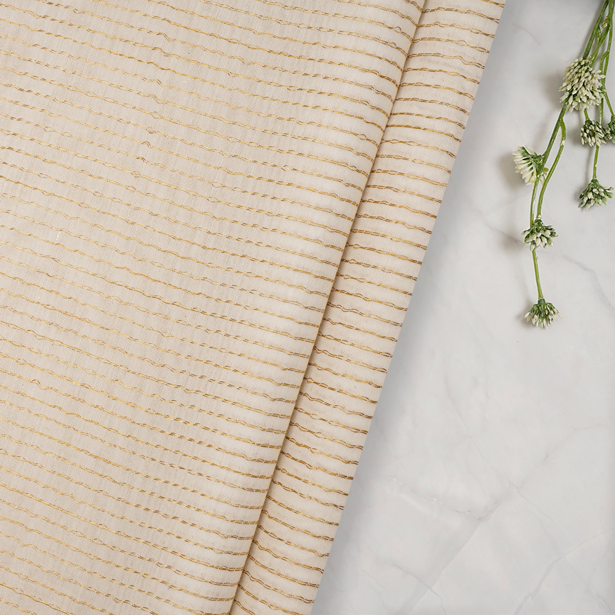 Off-White Dyeable Stripe Pattern Fancy Handwoven Cotton Jari Fabric