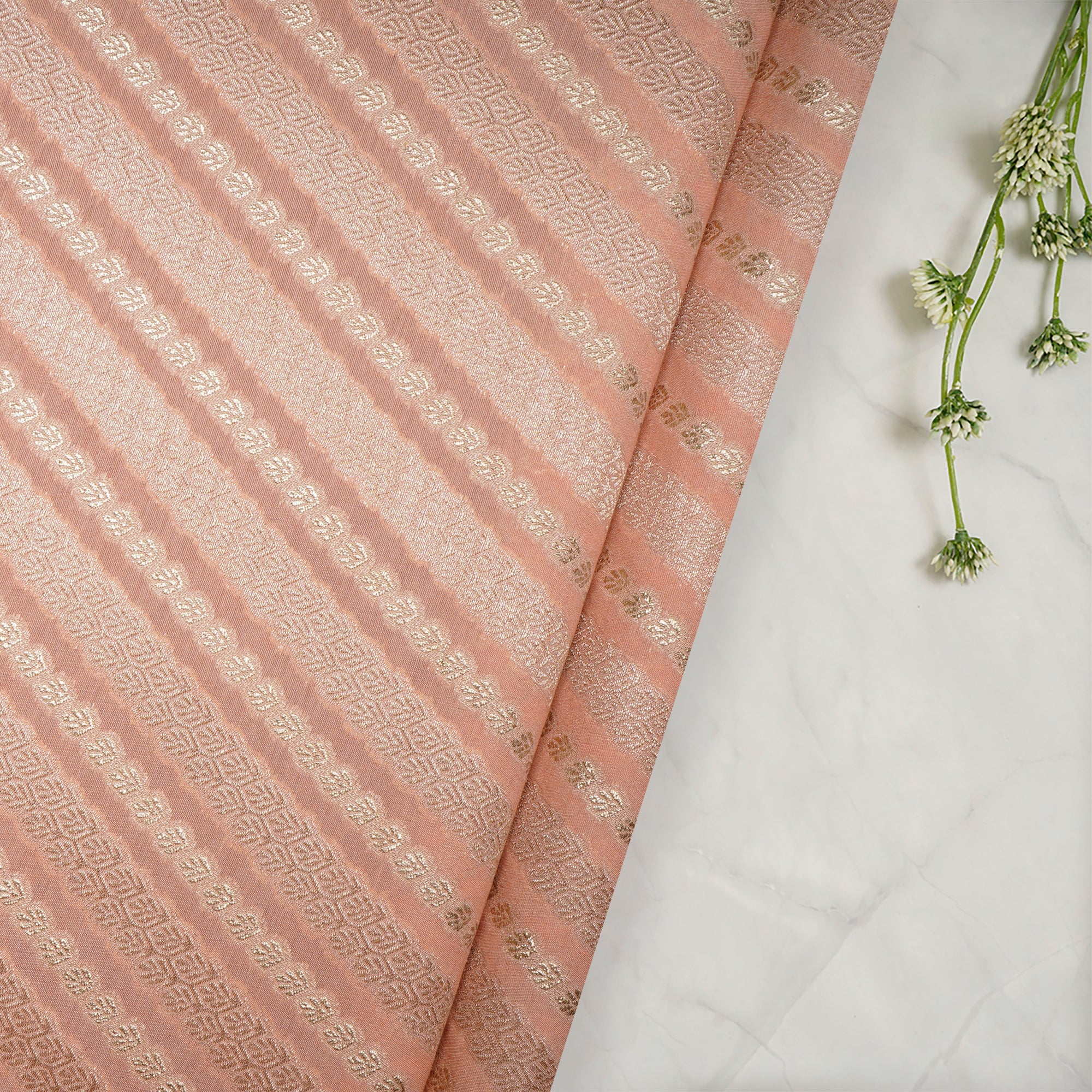 Peach Parfait Strip Pattern Blended Banarasi Brocade Fabric