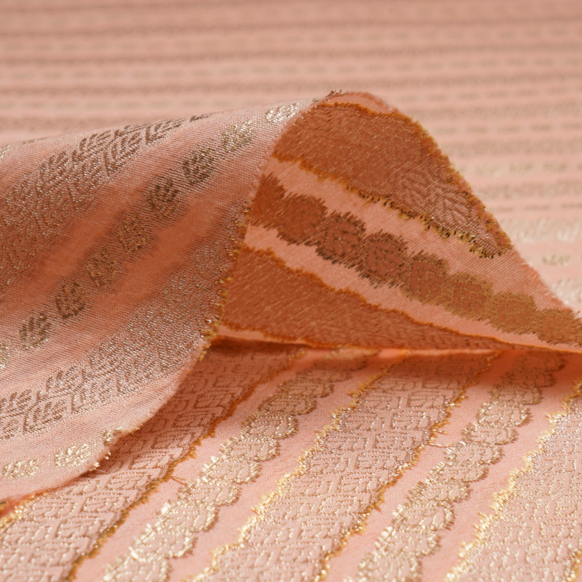 Peach Parfait Strip Pattern Blended Banarasi Brocade Fabric