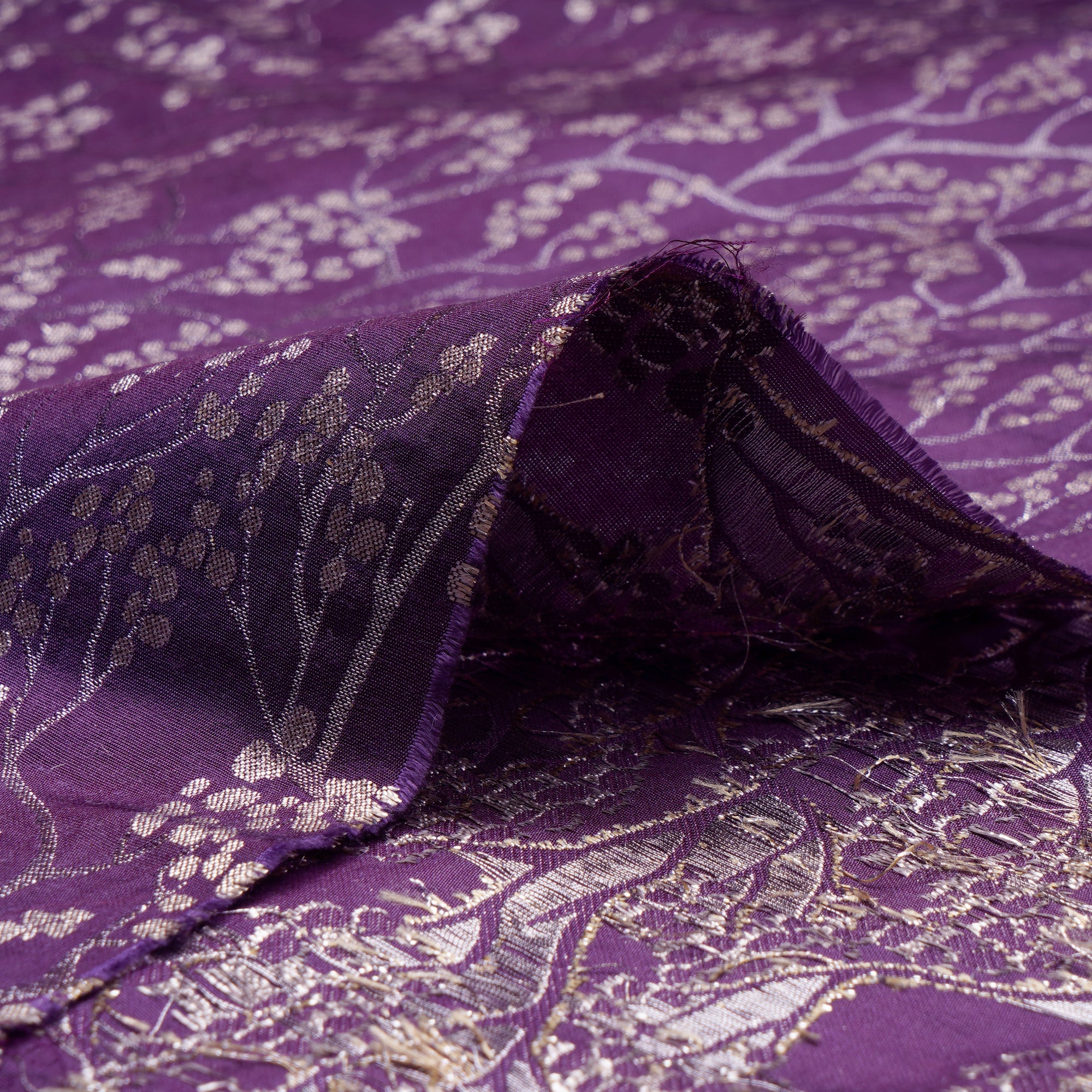 Deep Purple Floral Pattern Blended Banarasi Brocade Fabric