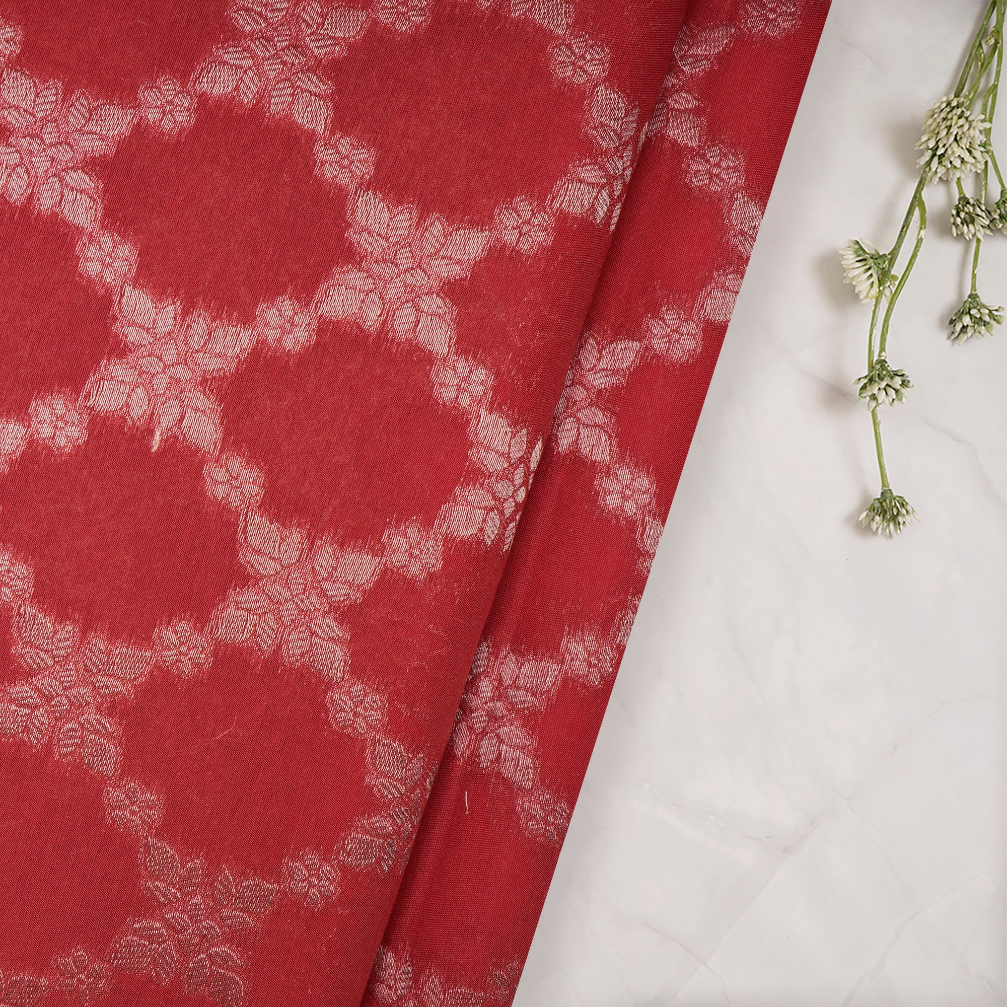 Red Traditional Pattern Blended Banarasi Brocade Fabric