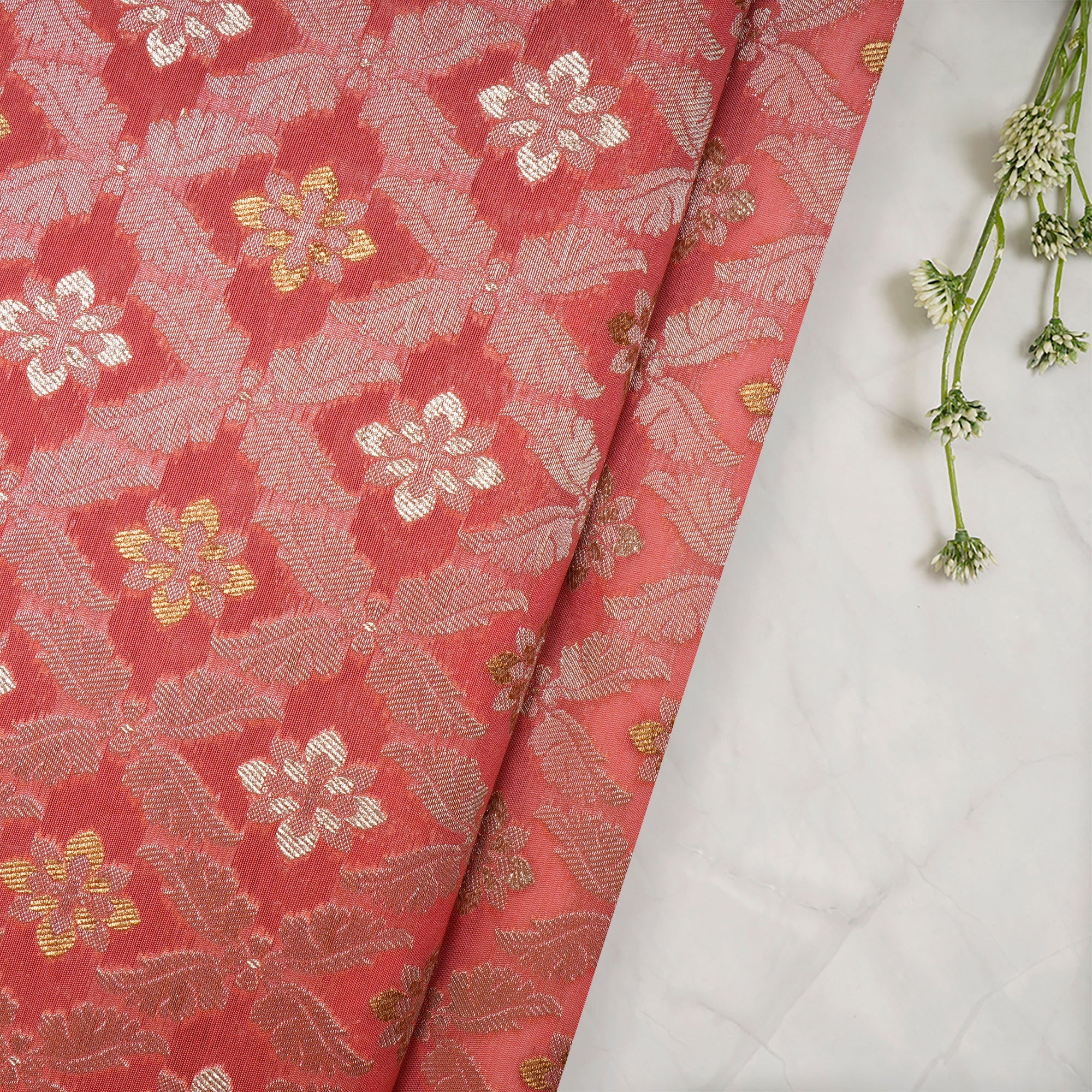 Rose Of Sharon Traditional Pattern Blended Banarasi Brocade Fabric