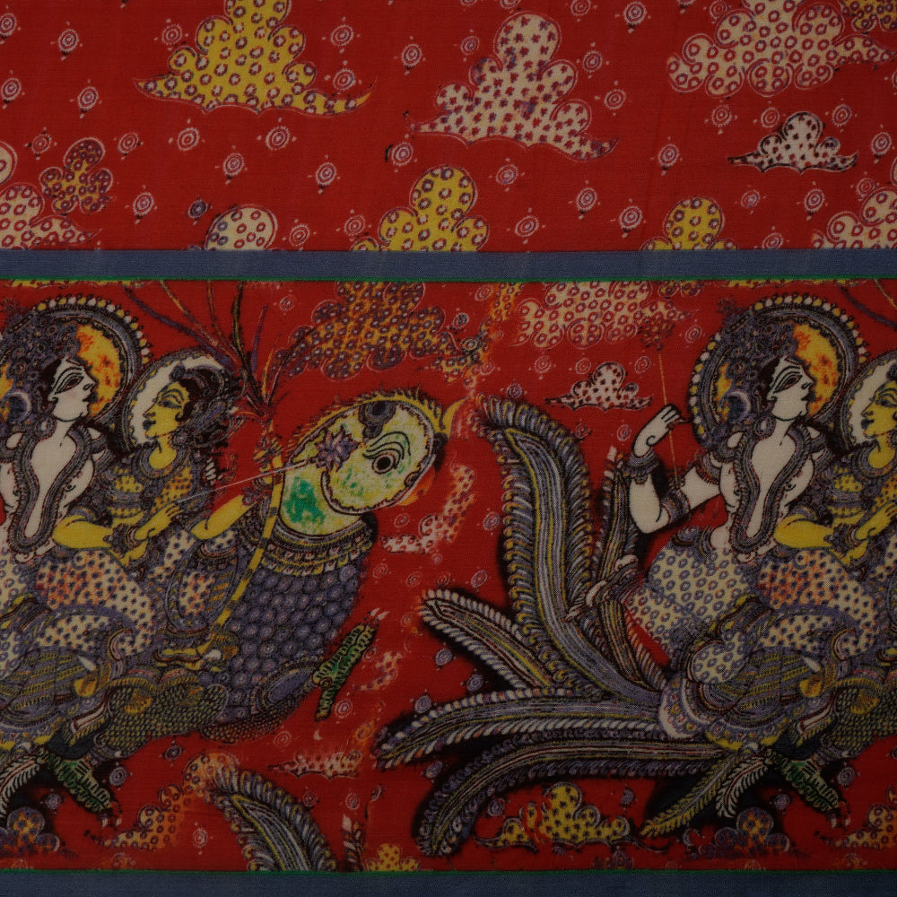 Red Color Digital Printed Tussar Chanderi Fabric