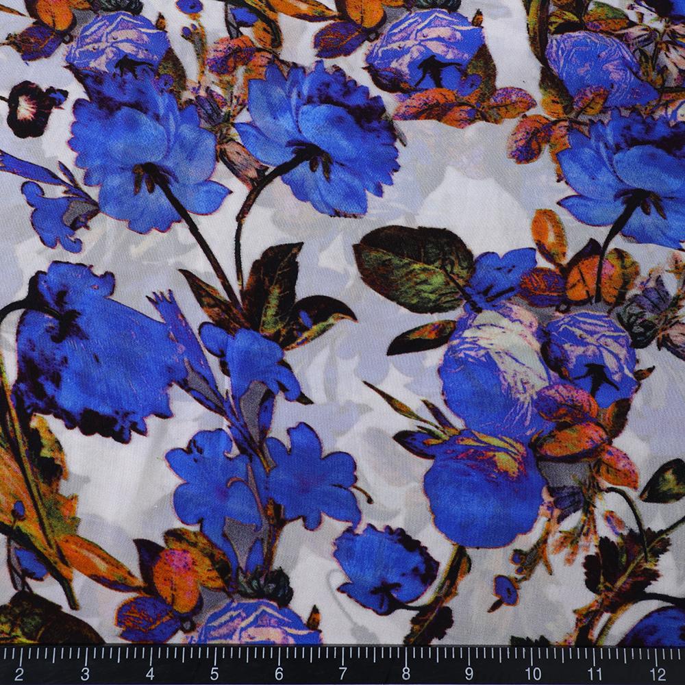 Blue Color Digital Printed Bemberg Crepe Fabric