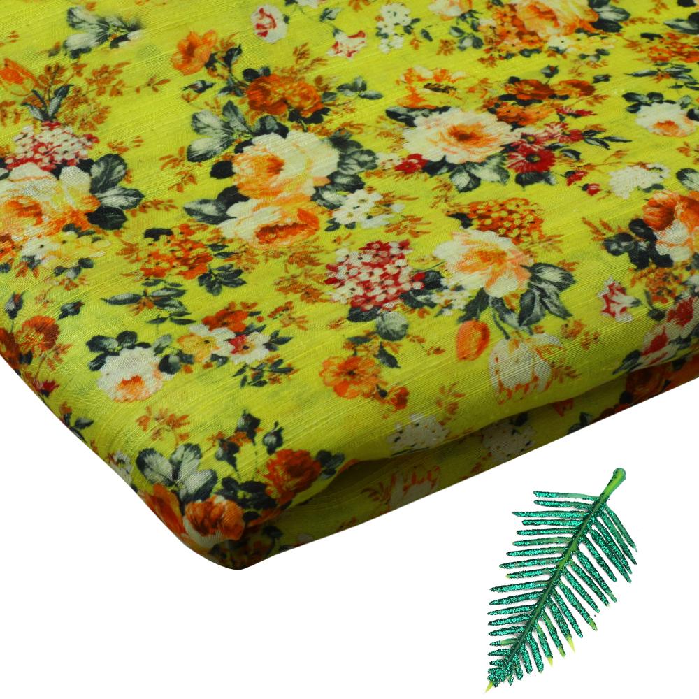 Yellow Color Digital Printed Dupion Silk Fabric