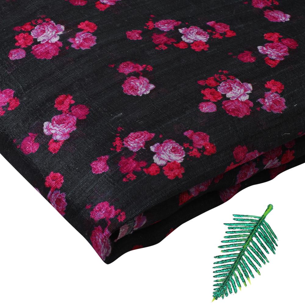 Black-Pink Color Digital Printed Dupion Silk Fabric
