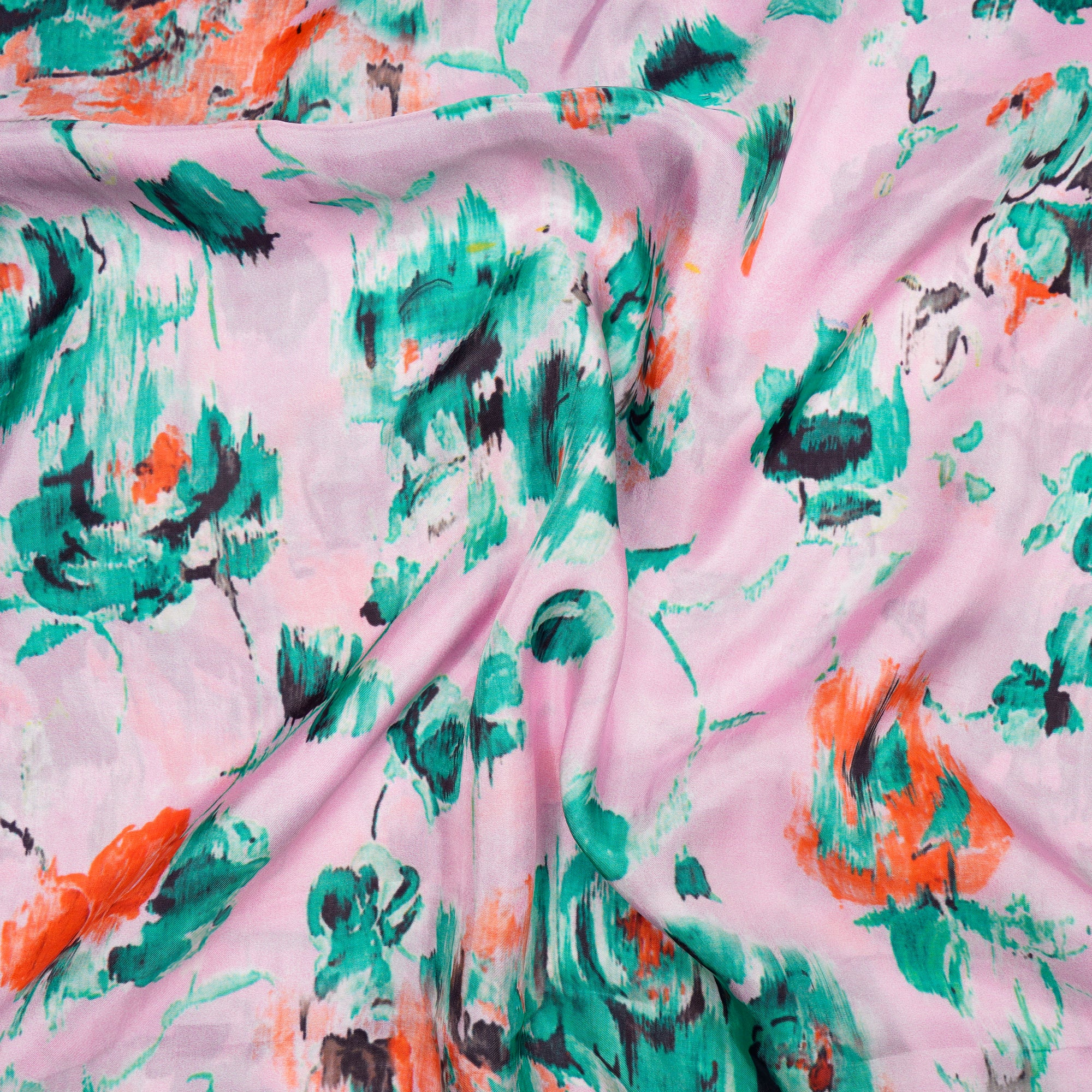 Flamingo Pink-Green Color Digital Printed Bemberg Habutai Fabric