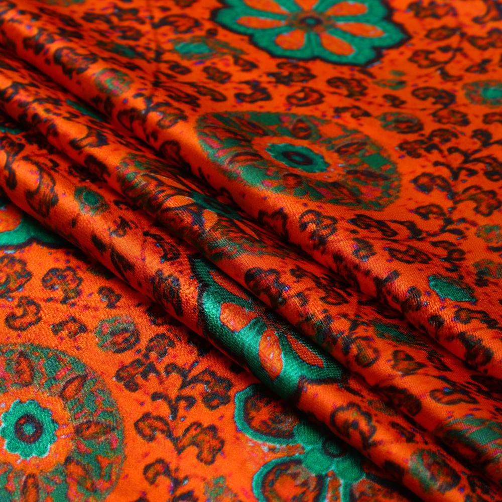 Orange-Green Color Digital Printed Bemberg Satin Georgette Fabric