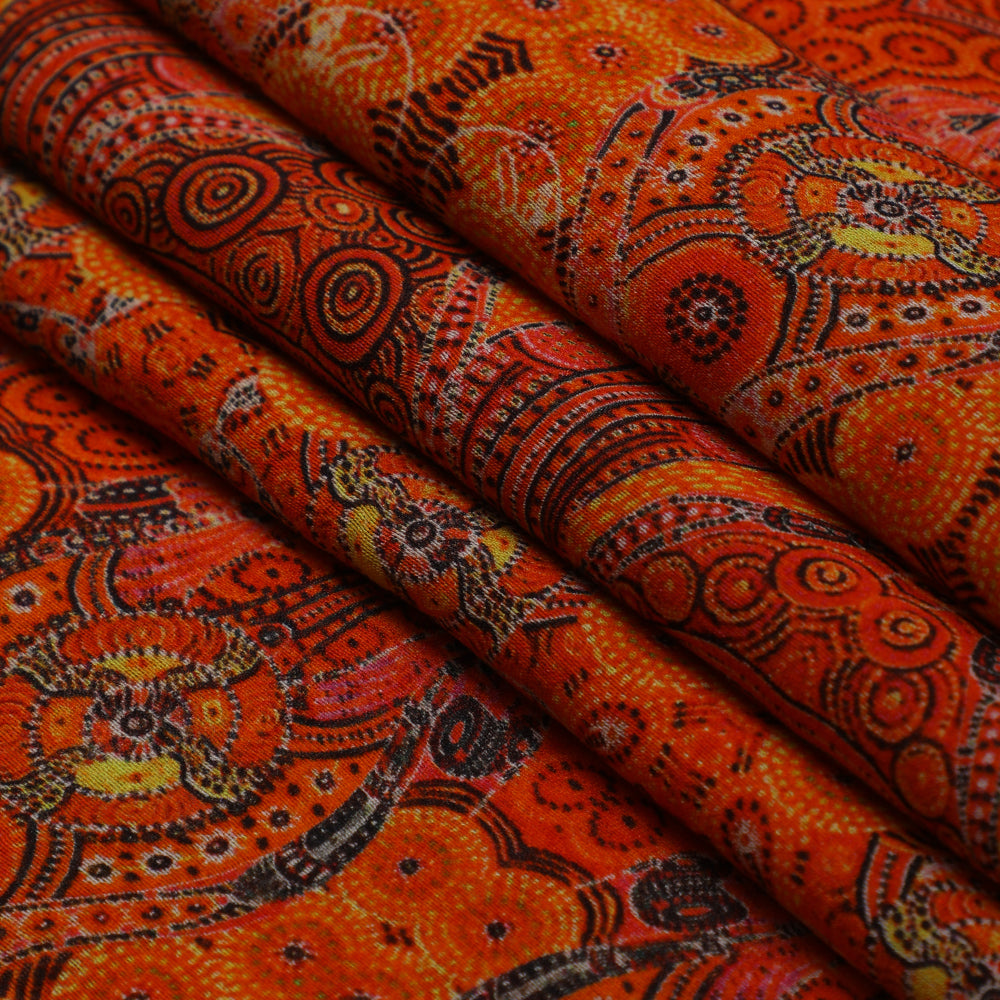 Orange Color Digital Printed Pure Chanderi Fabric