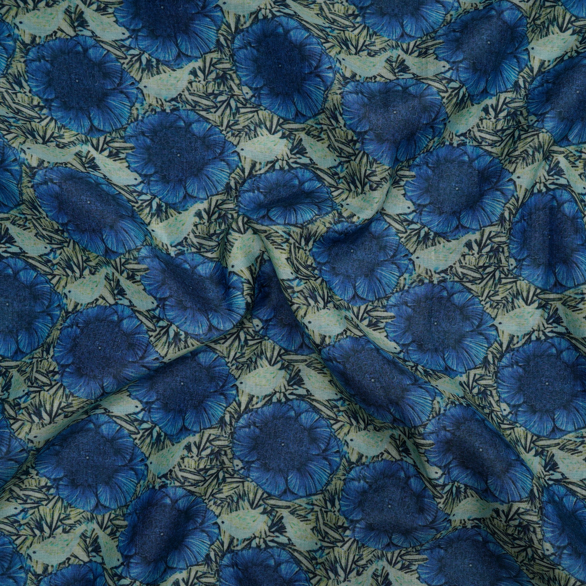 Blue Color Digital Printed Tussar Chanderi Fabric