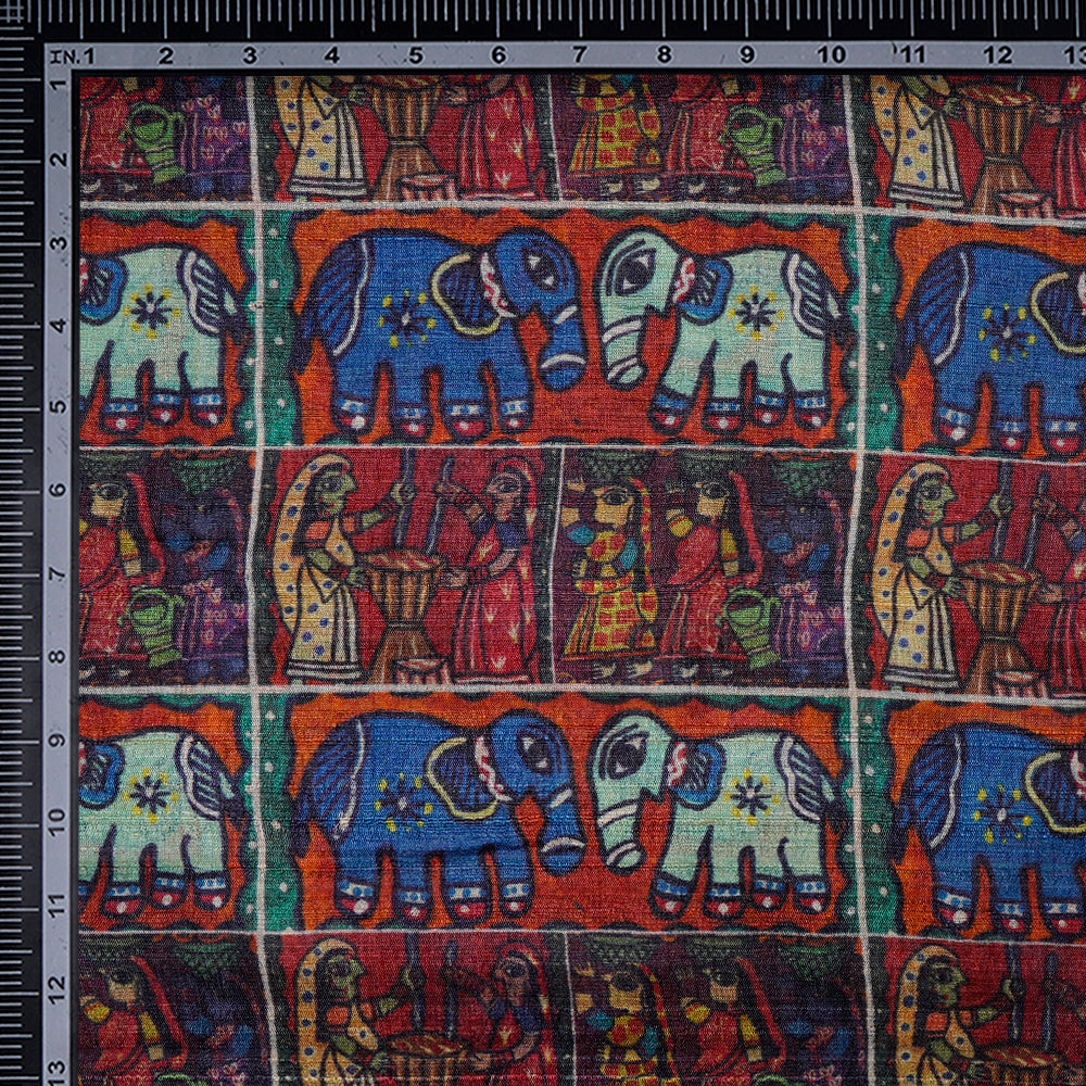 Multi Color Digital Printed Madhubani Pattern Tussar Silk Fabric