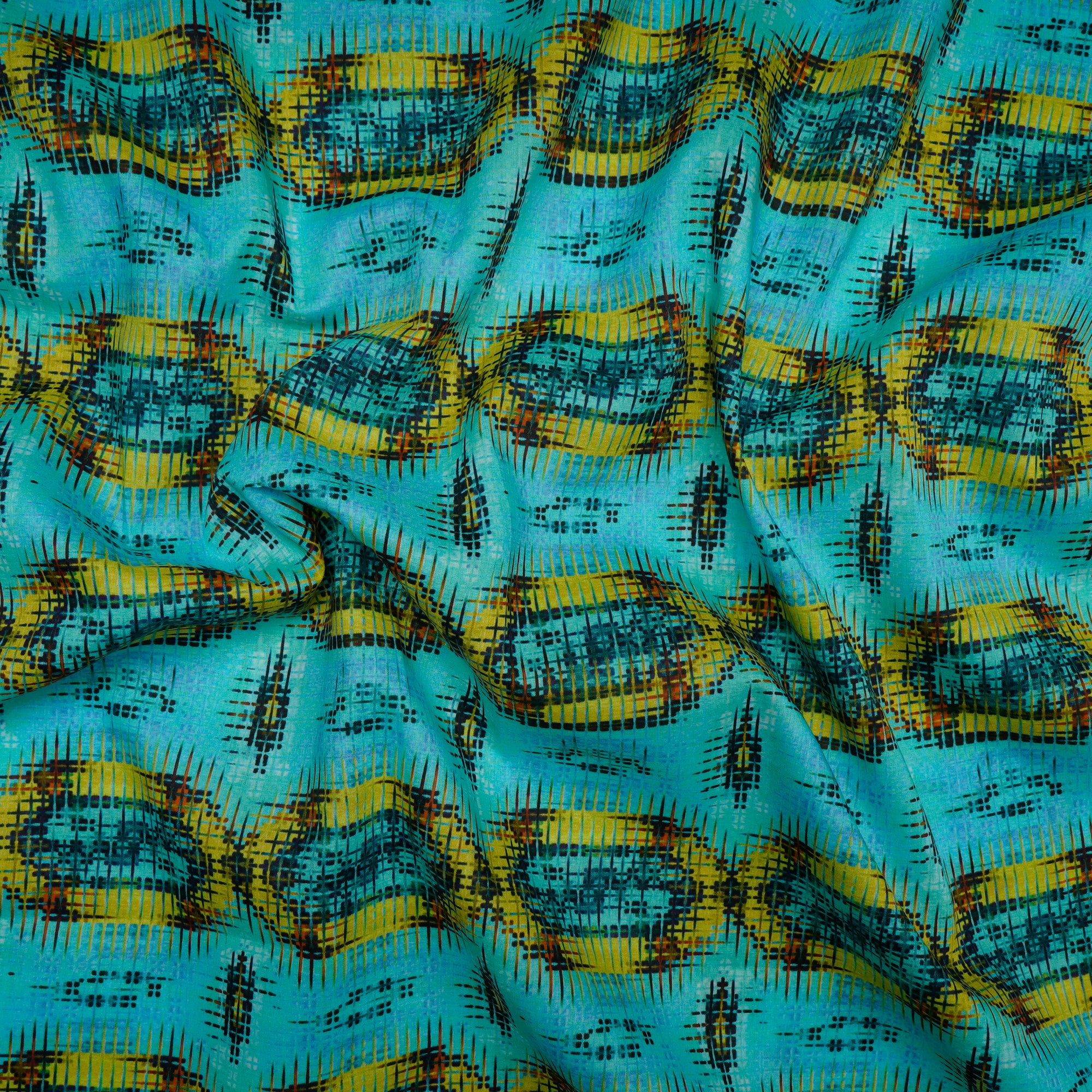 Blue-Yellow Color Digital Printed Cotton Lawn Fabric