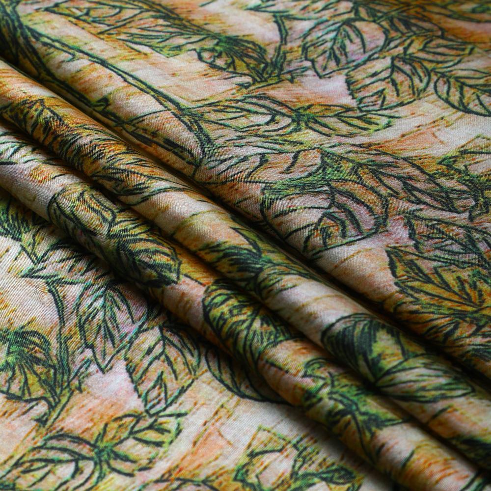 Green-Beige Color Digital Printed Bemberg Satin Fabric