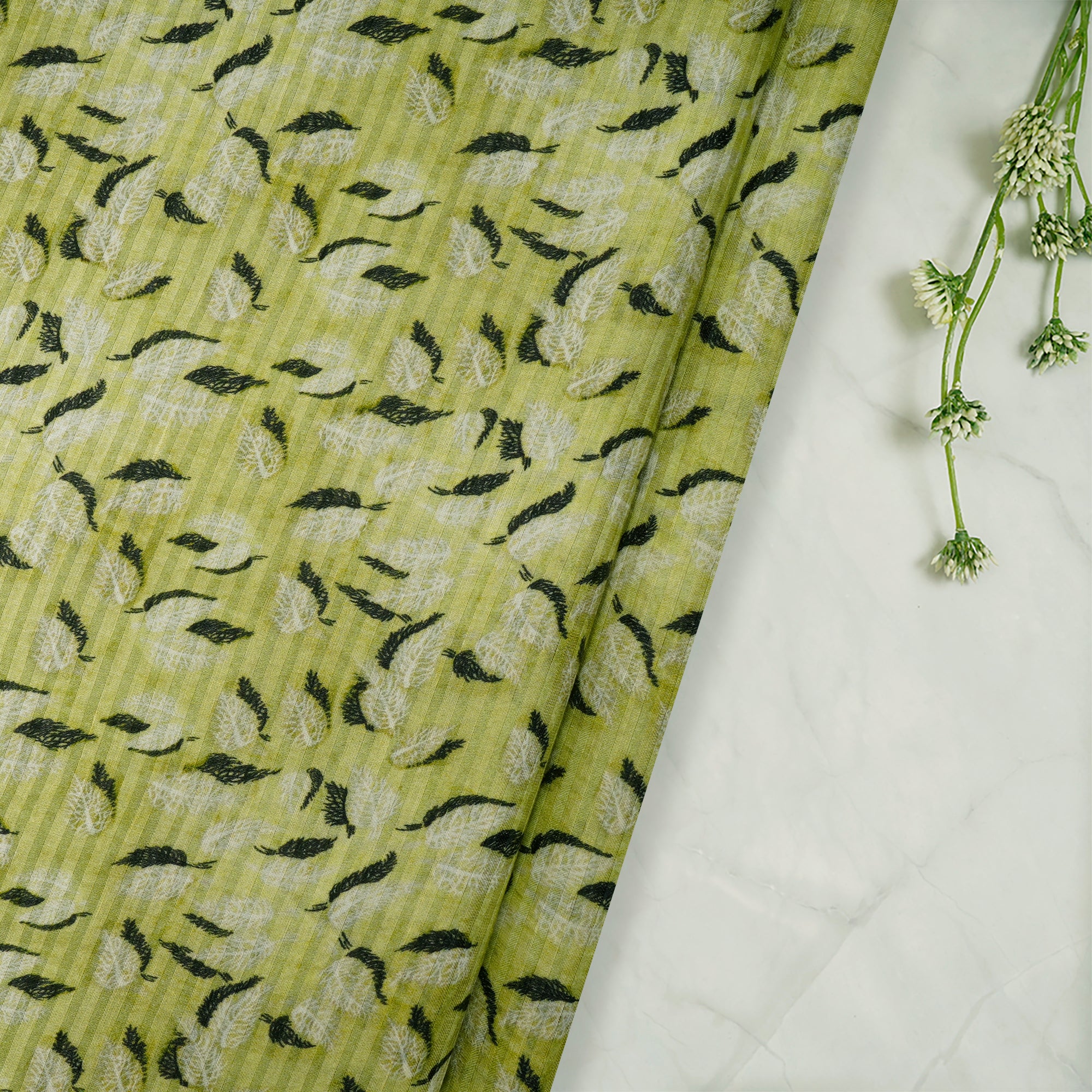 Green Color Digital Printed Bemberg Linen Satin Fabric
