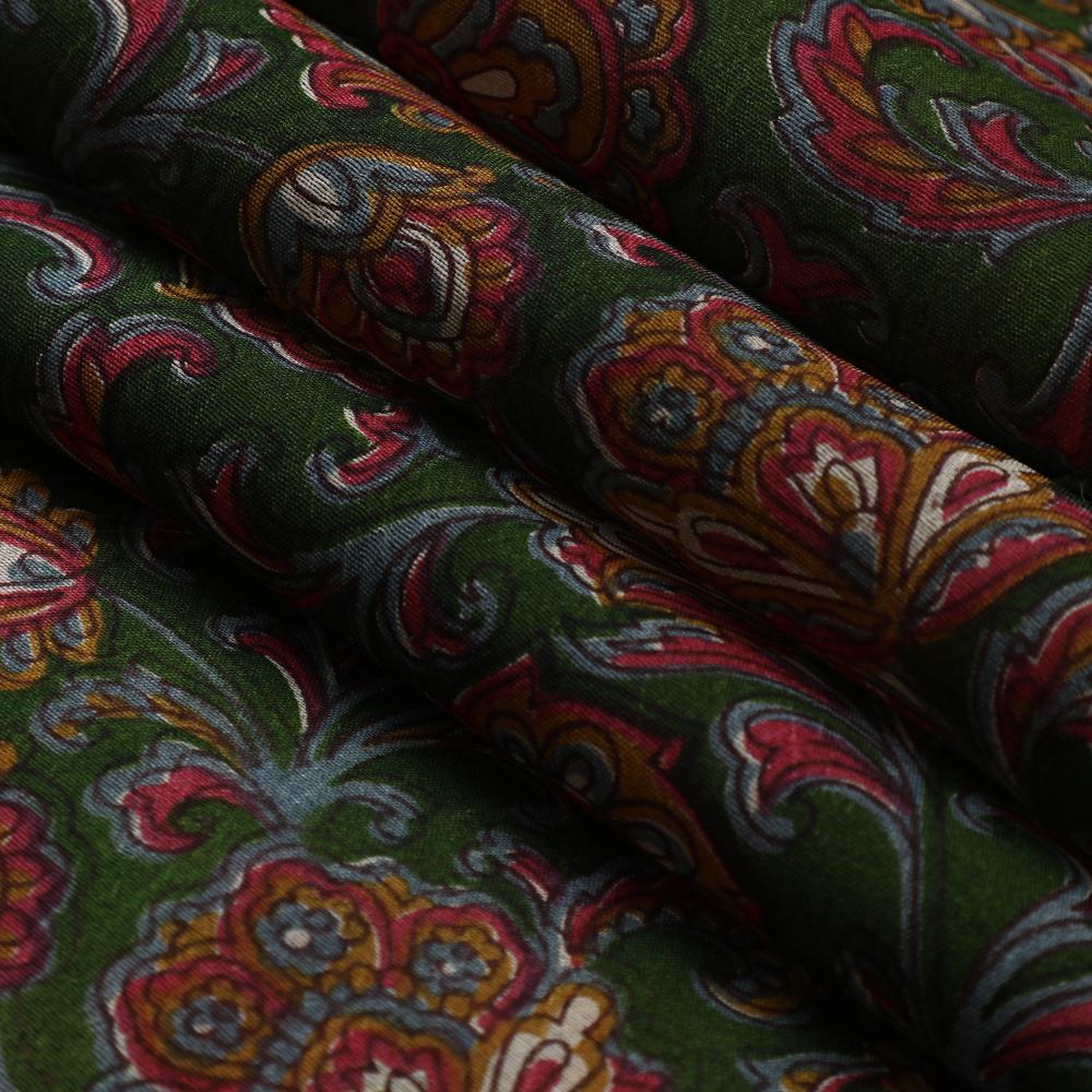 Dark Green Color Printed Silk Dupion Fabric