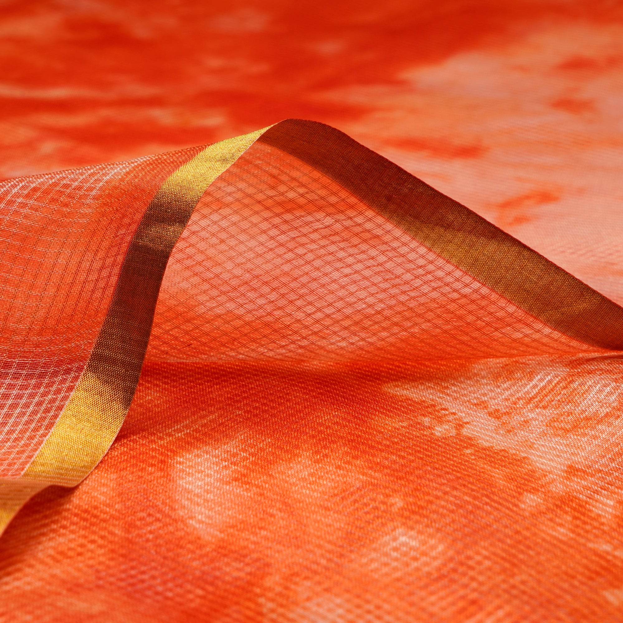Orange Color Tie and Dye Printed Kota Satin Silk Fabric
