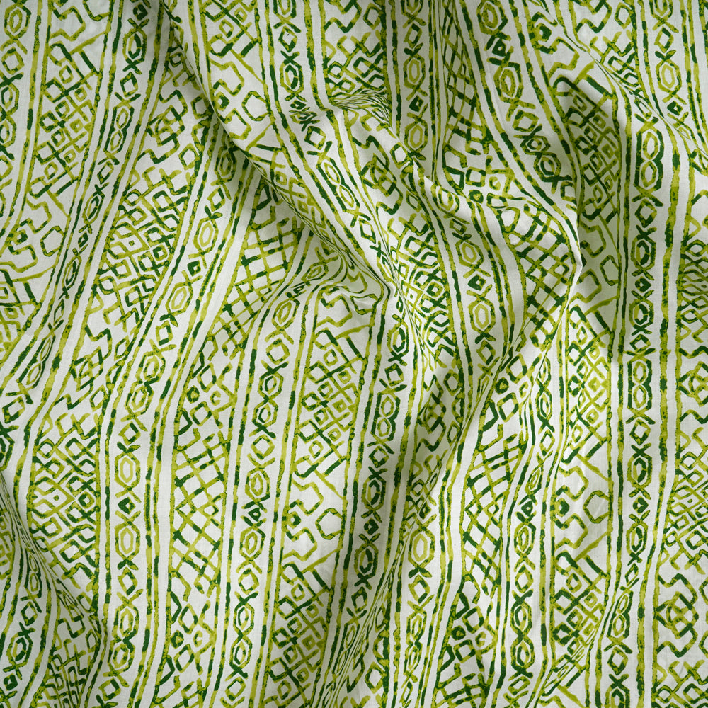 Off-White And Green Color Printed Cotton Lawn Fabric